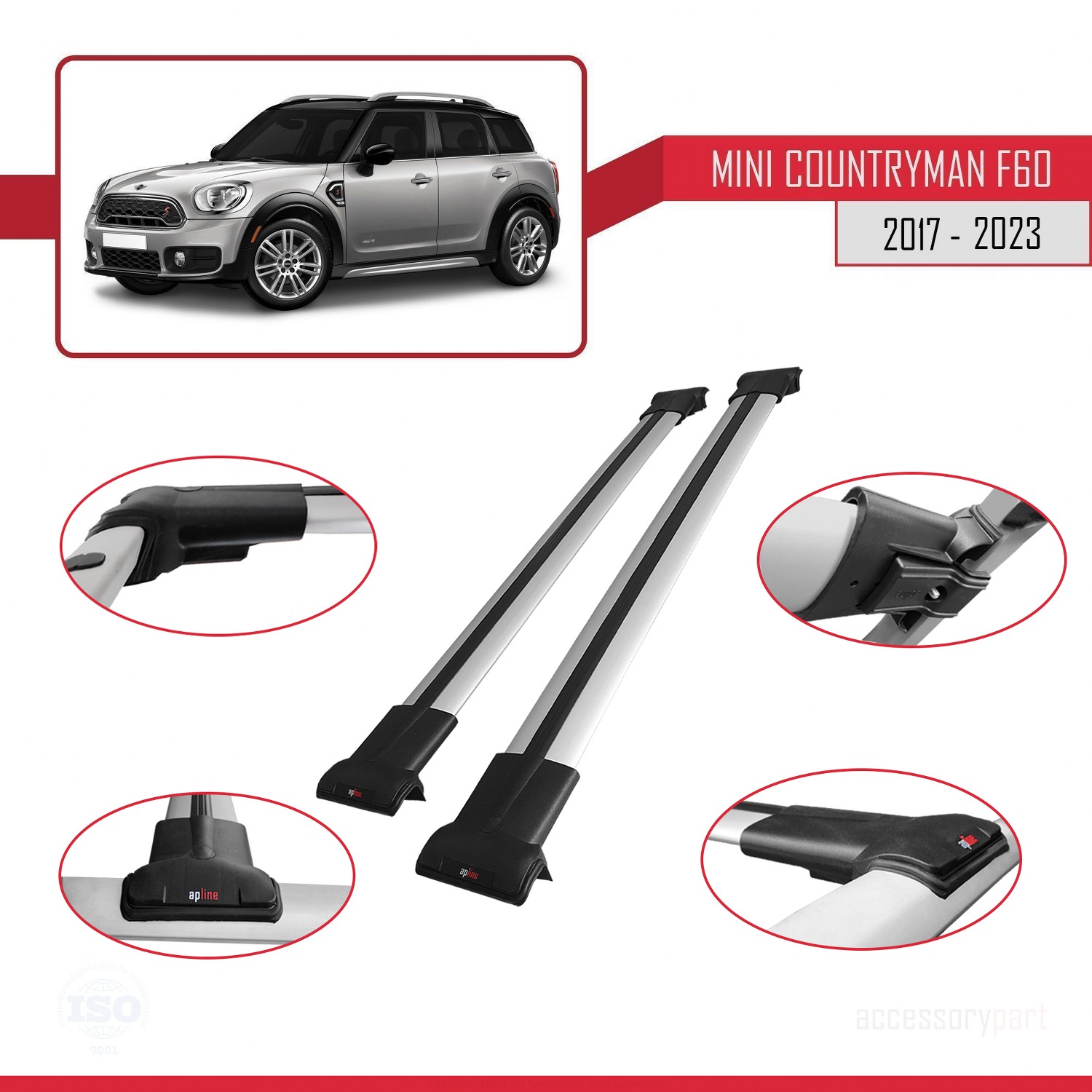 Mini Countryman 2 (F60) 2017-2023 Arası ile Uyumlu FLY Model Ara Atkı Tavan Barı Gri 2 Adet - Görsel 3