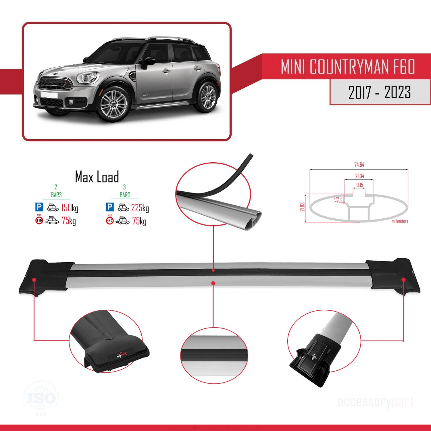 Mini Countryman 2 (F60) 2017-2023 Arası ile Uyumlu FLY Model Ara Atkı Tavan Barı Gri 2 Adet - Görsel 4