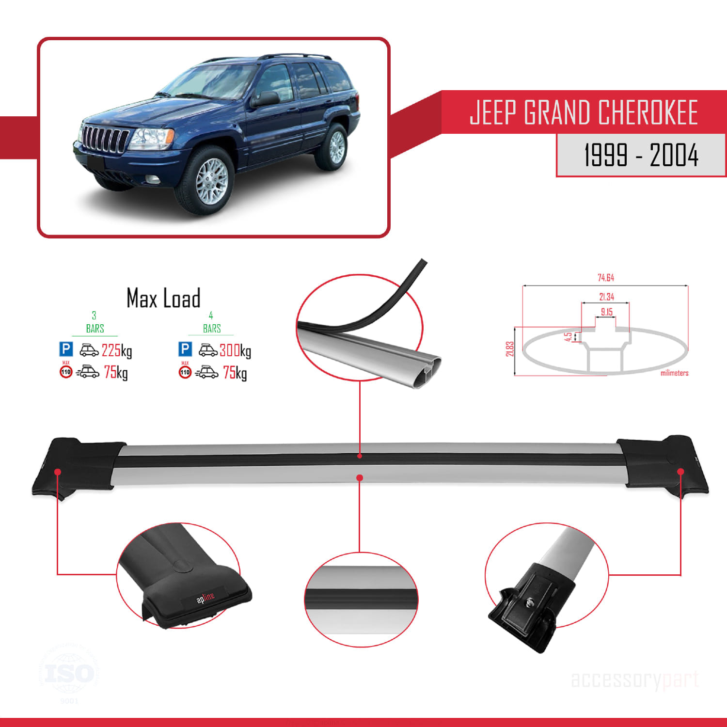 Jeep Grand Cherokee 2 (WJ) 1999-2004 Arası ile Uyumlu FLY Model Ara Atkı Tavan Barı Gri 3 Adet - Görsel 3
