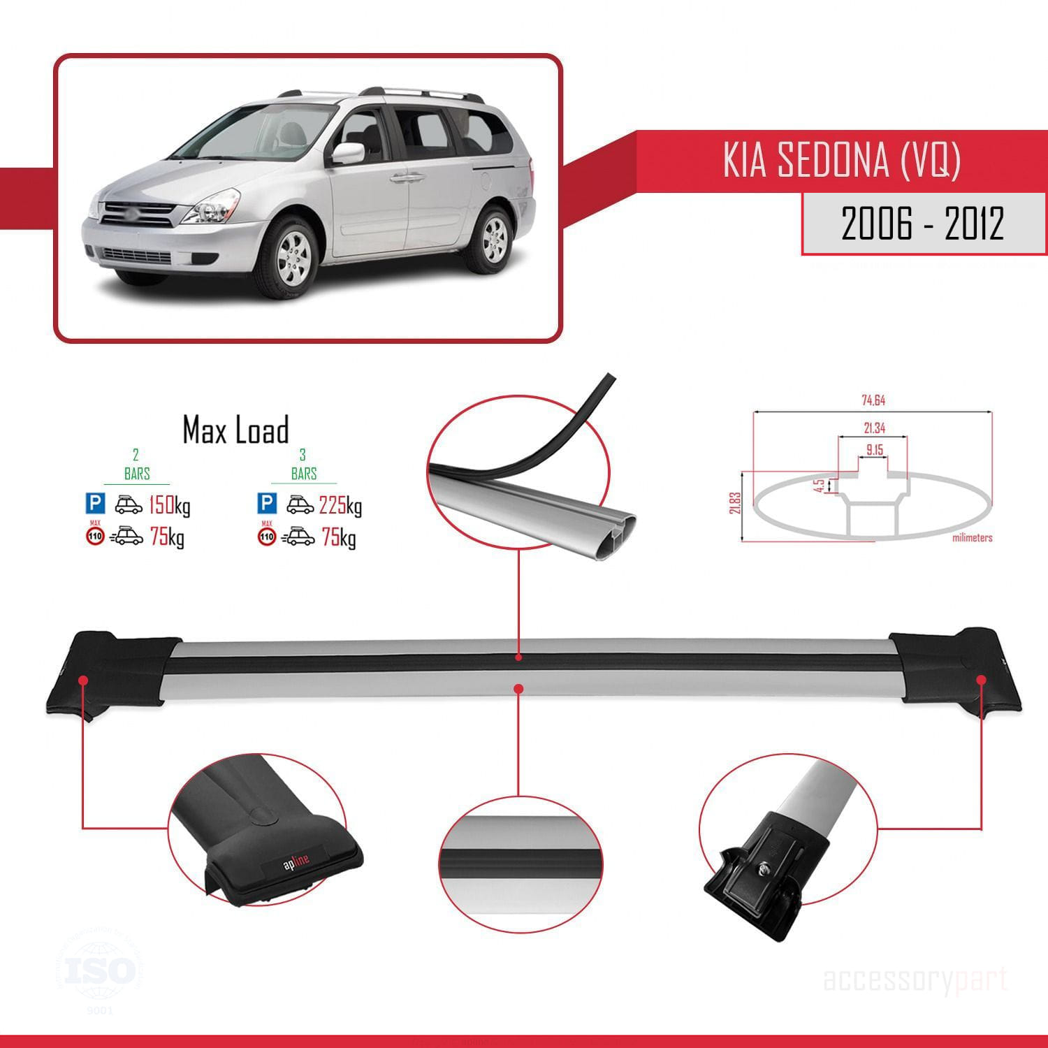 Kia Sedona 2 (VQ) 2006-2012 Arası ile Uyumlu FLY Model Ara Atkı Tavan Barı Gri 2 Adet - Görsel 3