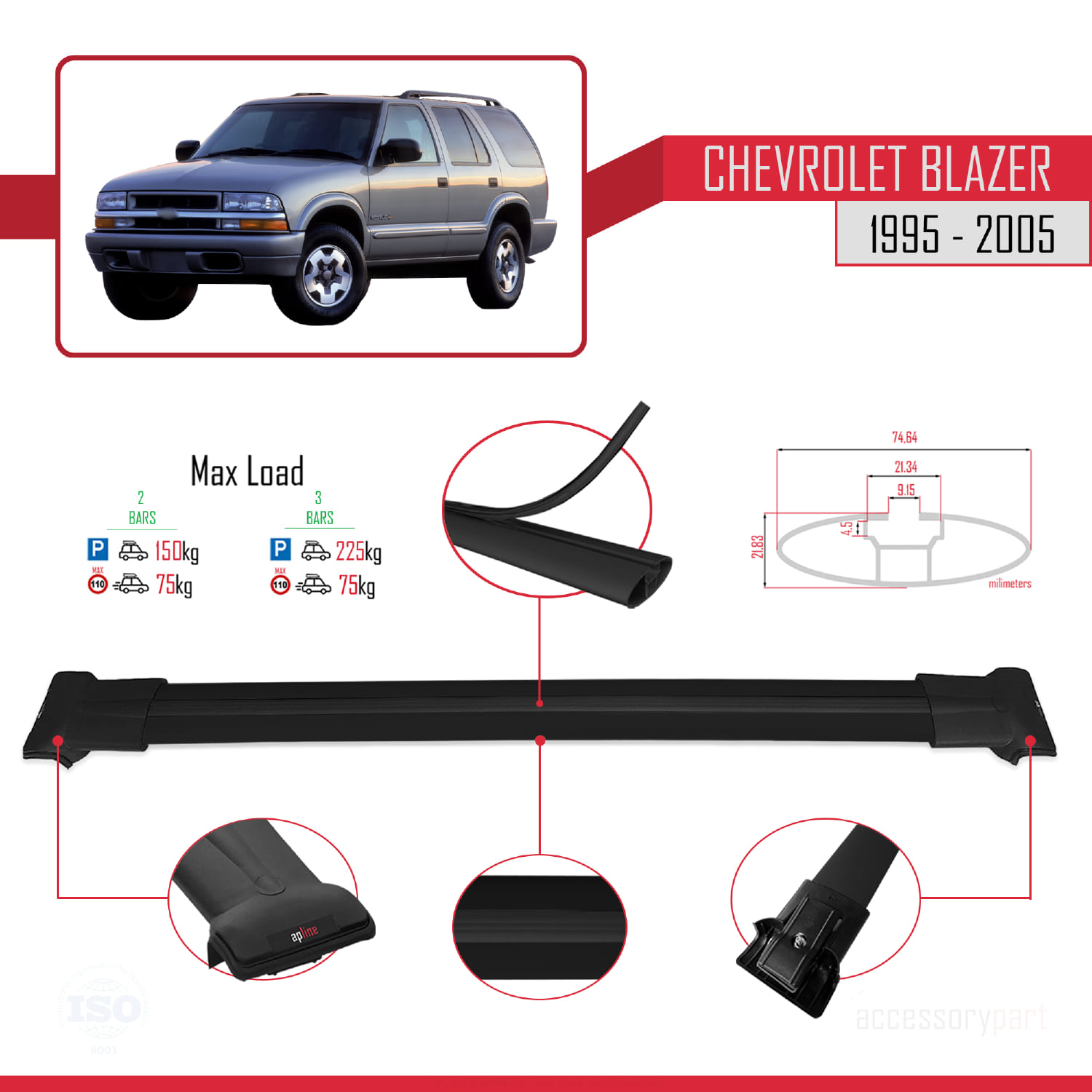 Chevrolet Blazer 1995-2005 Arası ile Uyumlu FLY Model Ara Atkı Tavan Barı Siyah 2 Adet - Görsel 4