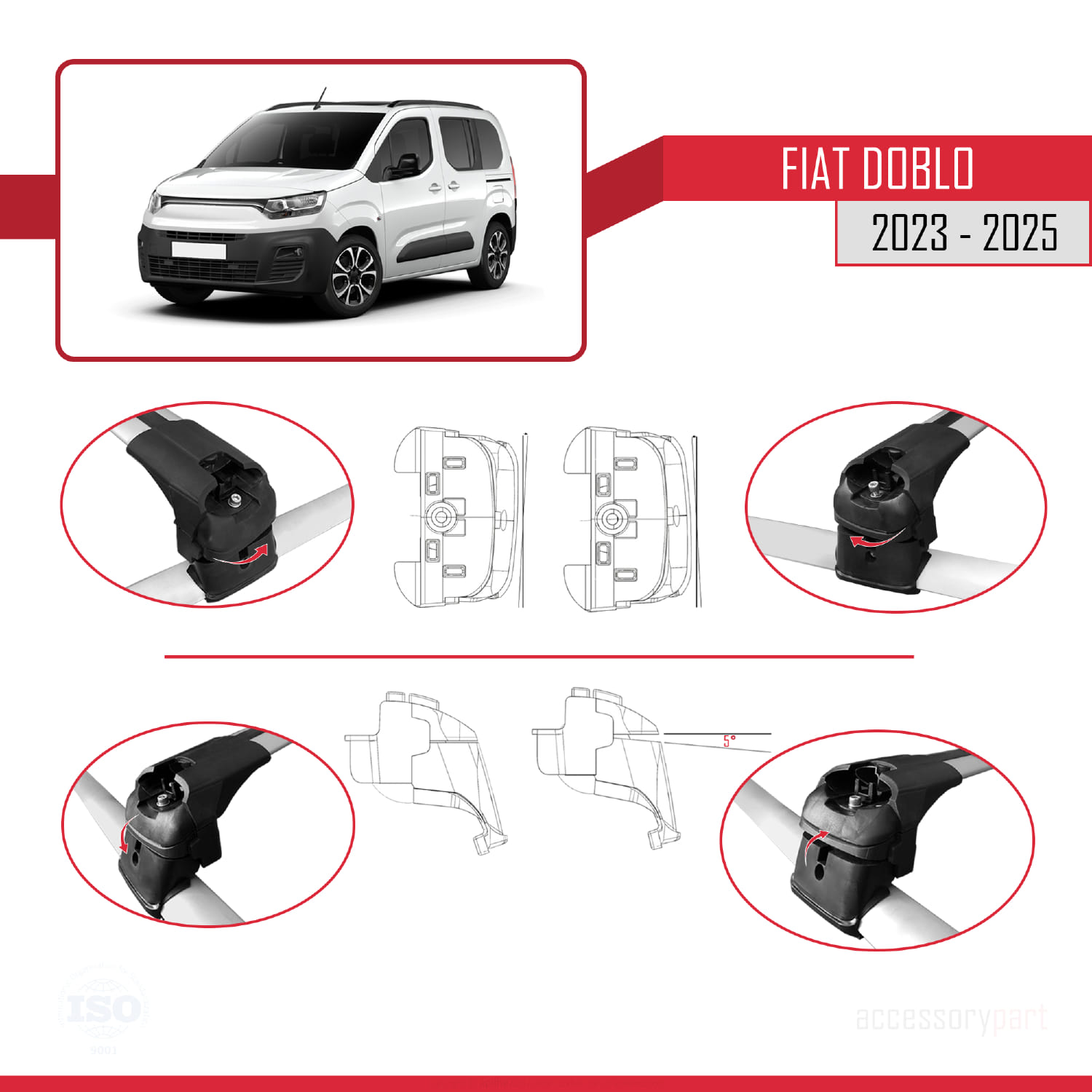 Fiat Doblo 3 2023 ve Sonrası ile Uyumlu ACE-2 Ara Atkı Tavan Barı Gri 2 Adet - Görsel 5