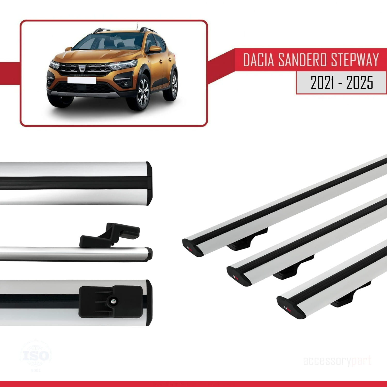 Dacia Sandero Stepway 3 2021 ve Sonrası ile Uyumlu BASIC Model Ara Atkı Tavan Barı Gri 3 Adet - Görsel 3