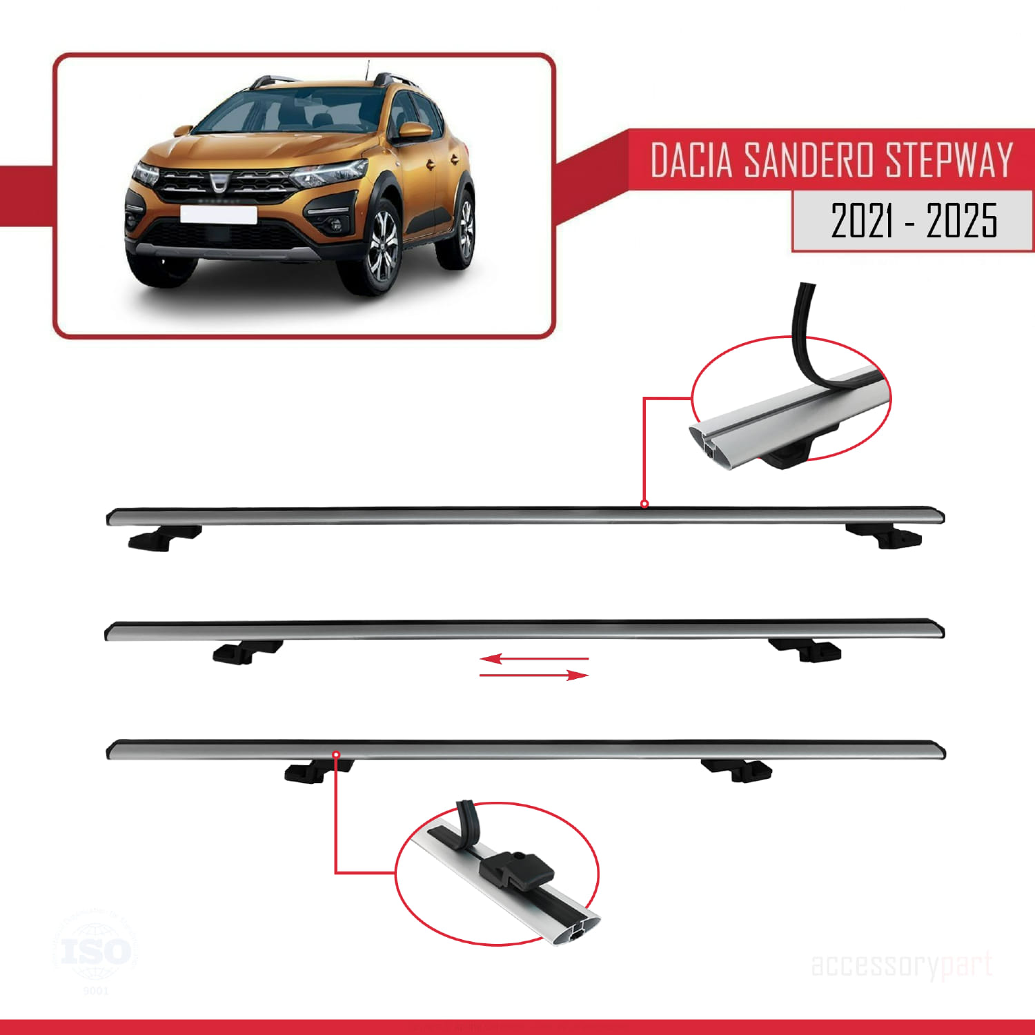Dacia Sandero Stepway 3 2021 ve Sonrası ile Uyumlu BASIC Model Ara Atkı Tavan Barı Gri 3 Adet - Görsel 5