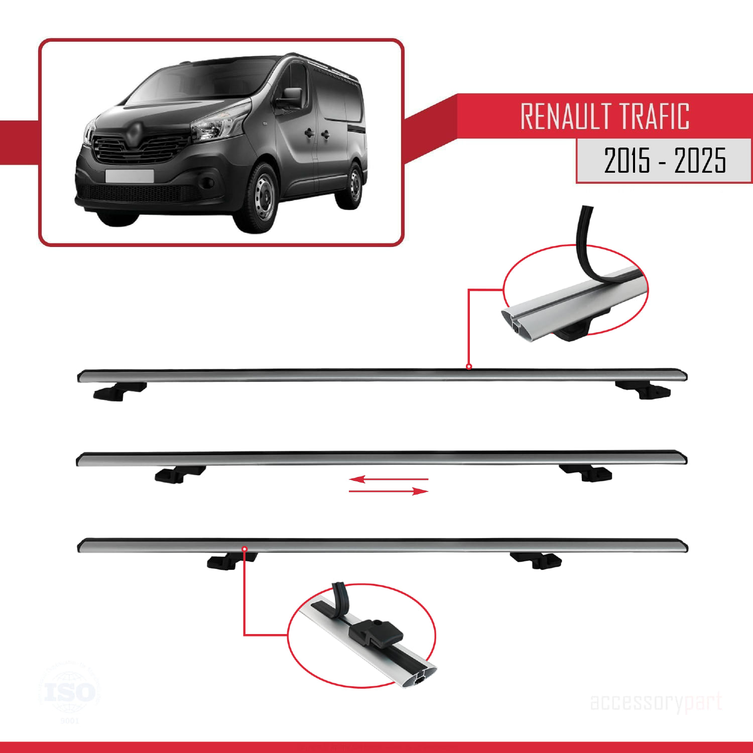 Renault Trafic 3 (X82) 2015 ve Sonrası ile Uyumlu BASIC Model Ara Atkı Tavan Barı Gri 4 Adet - Görsel 5