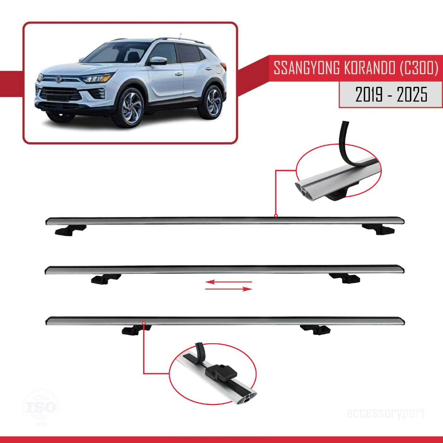 Ssangyong Korando 4 (C300) 2019 ve Sonrası ile Uyumlu BASIC Model Ara Atkı Tavan Barı Gri 3 Adet - Görsel 5