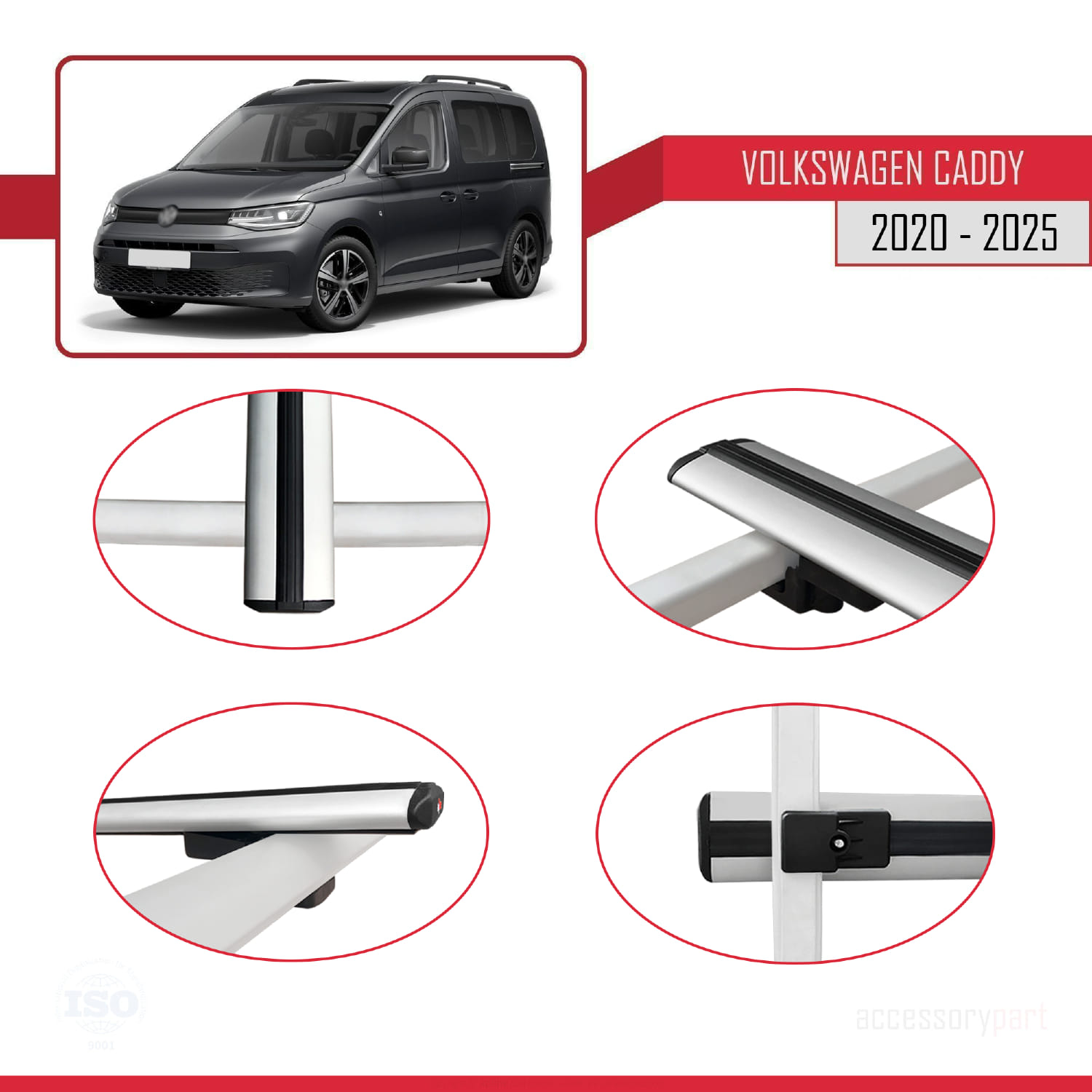 Volkswagen Caddy 4 (SB) 2020 ve Sonrası ile Uyumlu BASIC Model Ara Atkı Tavan Barı Gri 2 Adet - Görsel 4