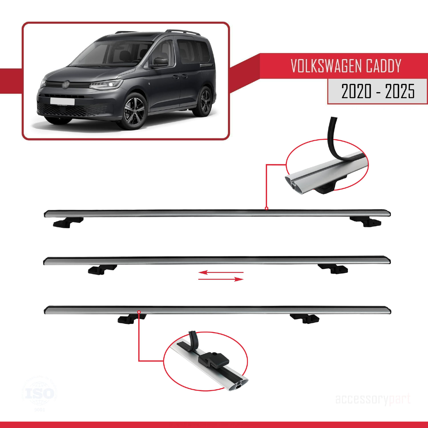 Volkswagen Caddy 4 (SB) 2020 ve Sonrası ile Uyumlu BASIC Model Ara Atkı Tavan Barı Gri 2 Adet - Görsel 5