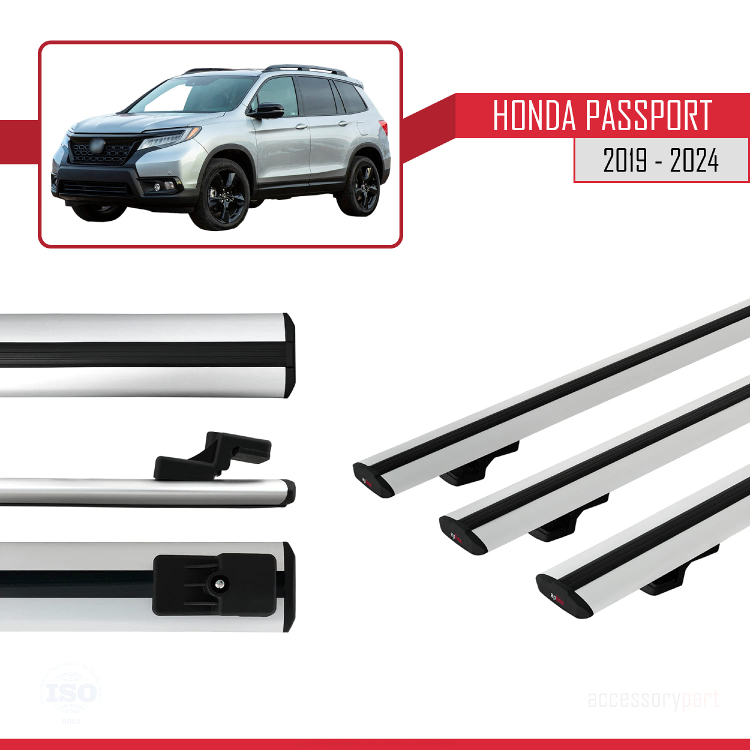 Honda Passport 2019-2024 Arası ile Uyumlu BASIC Model Ara Atkı Tavan Barı Gri 3 Adet - Görsel 3