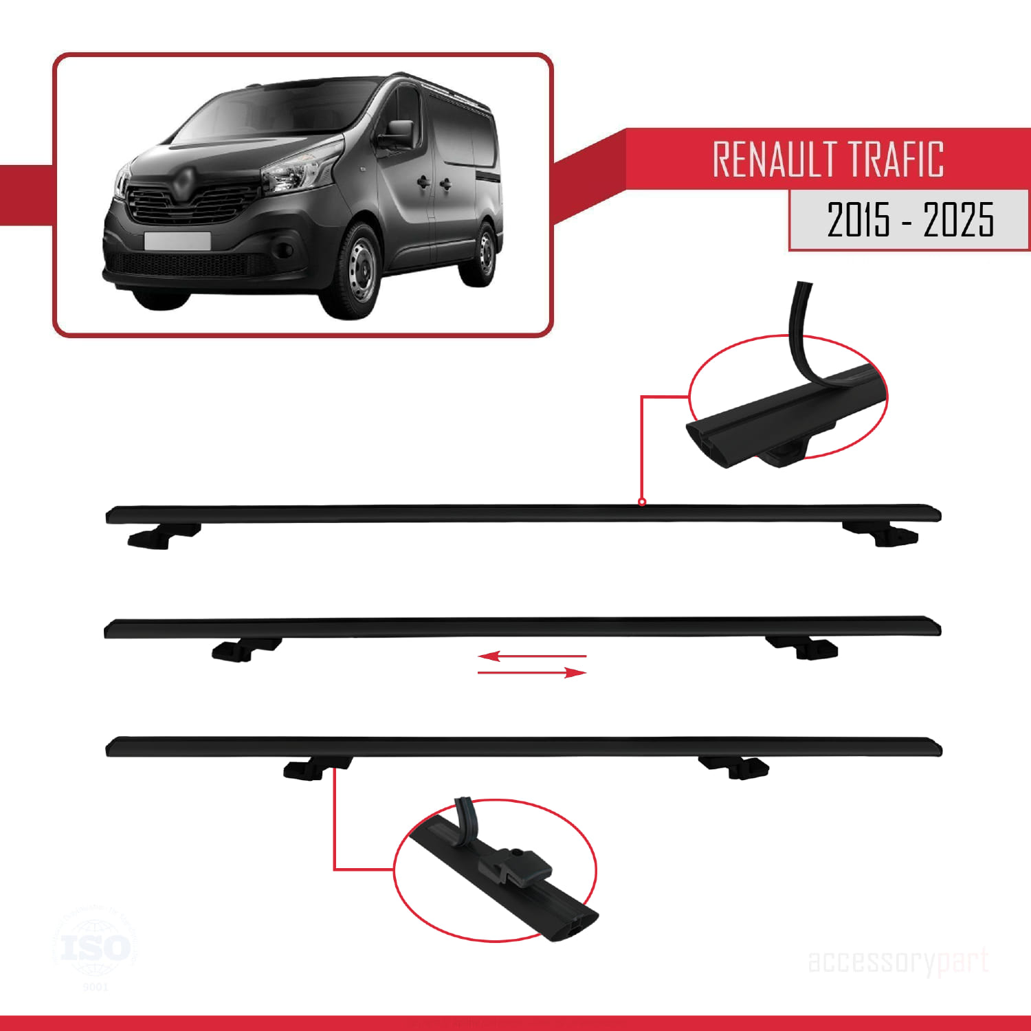 Renault Trafic 3 (X82) 2015 ve Sonrası ile Uyumlu BASIC Model Ara Atkı Tavan Barı Siyah 2 Adet - Görsel 5