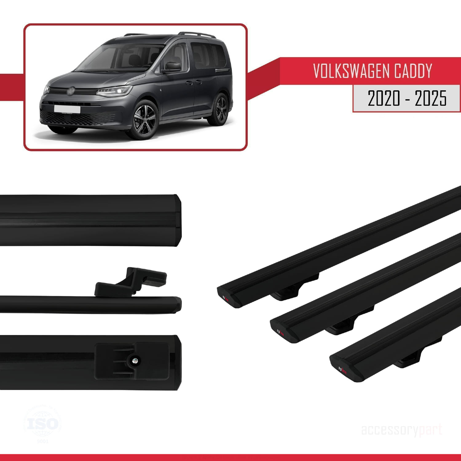 Volkswagen Caddy 4 (SB) 2020 ve Sonrası ile Uyumlu BASIC Model Ara Atkı Tavan Barı Siyah 3 Adet - Görsel 3