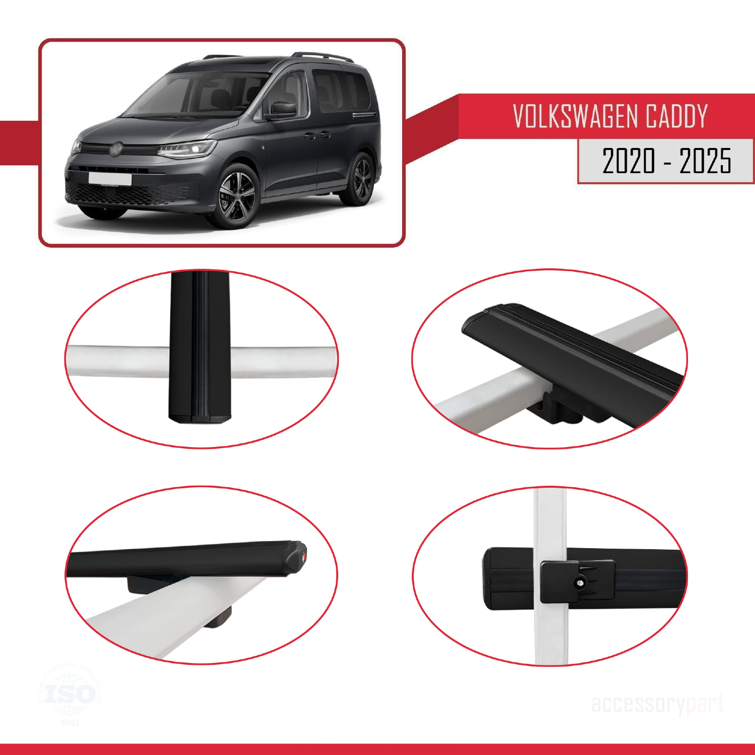 Volkswagen Caddy 4 (SB) 2020 ve Sonrası ile Uyumlu BASIC Model Ara Atkı Tavan Barı Siyah 3 Adet - Görsel 4