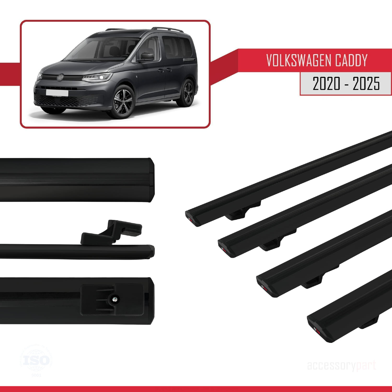 Volkswagen Caddy 4 (SB) 2020 ve Sonrası ile Uyumlu BASIC Model Ara Atkı Tavan Barı Siyah 4 Adet - Görsel 3