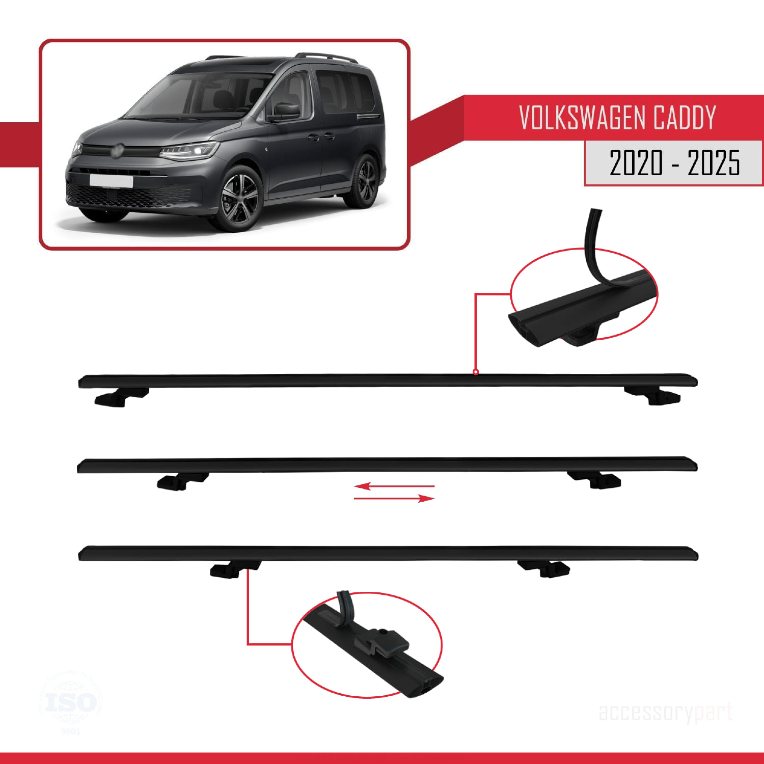 Volkswagen Caddy 4 (SB) 2020 ve Sonrası ile Uyumlu BASIC Model Ara Atkı Tavan Barı Siyah 4 Adet - Görsel 5