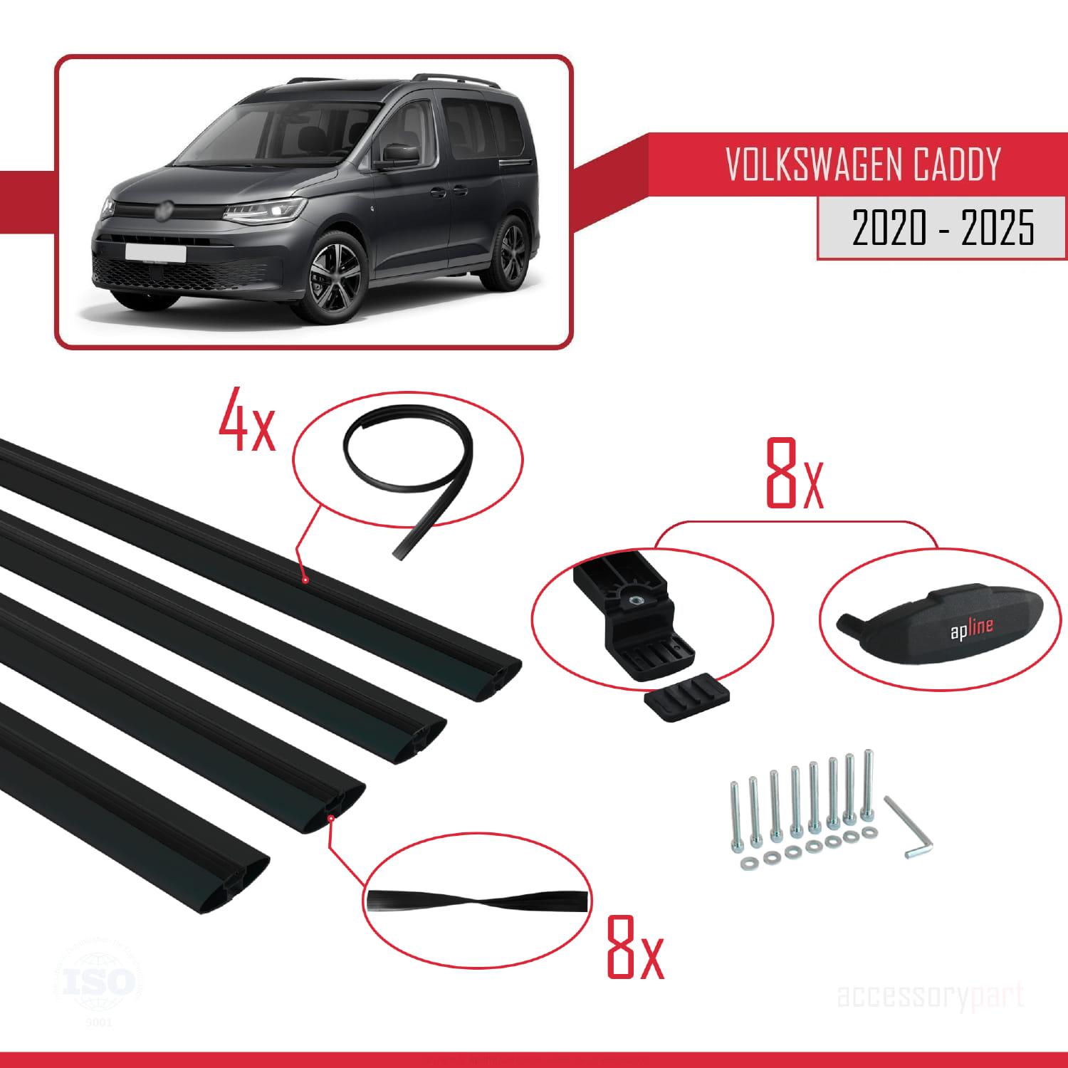 Volkswagen Caddy 4 (SB) 2020 ve Sonrası ile Uyumlu BASIC Model Ara Atkı Tavan Barı Siyah 4 Adet - Görsel 6