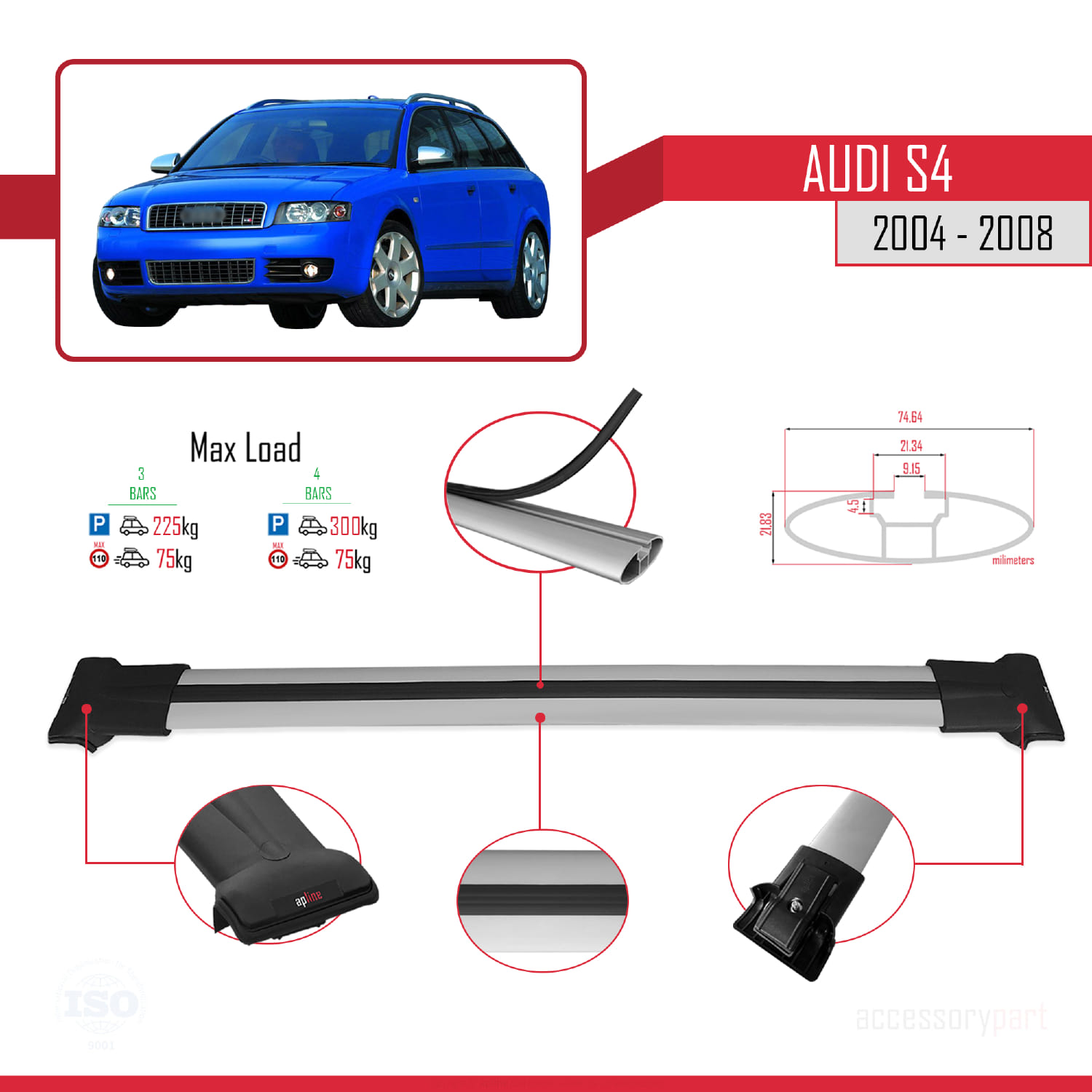 Audi S4 2004-2008 Arası ile Uyumlu FLY Model Ara Atkı Tavan Barı Gri 3 Adet - Görsel 3