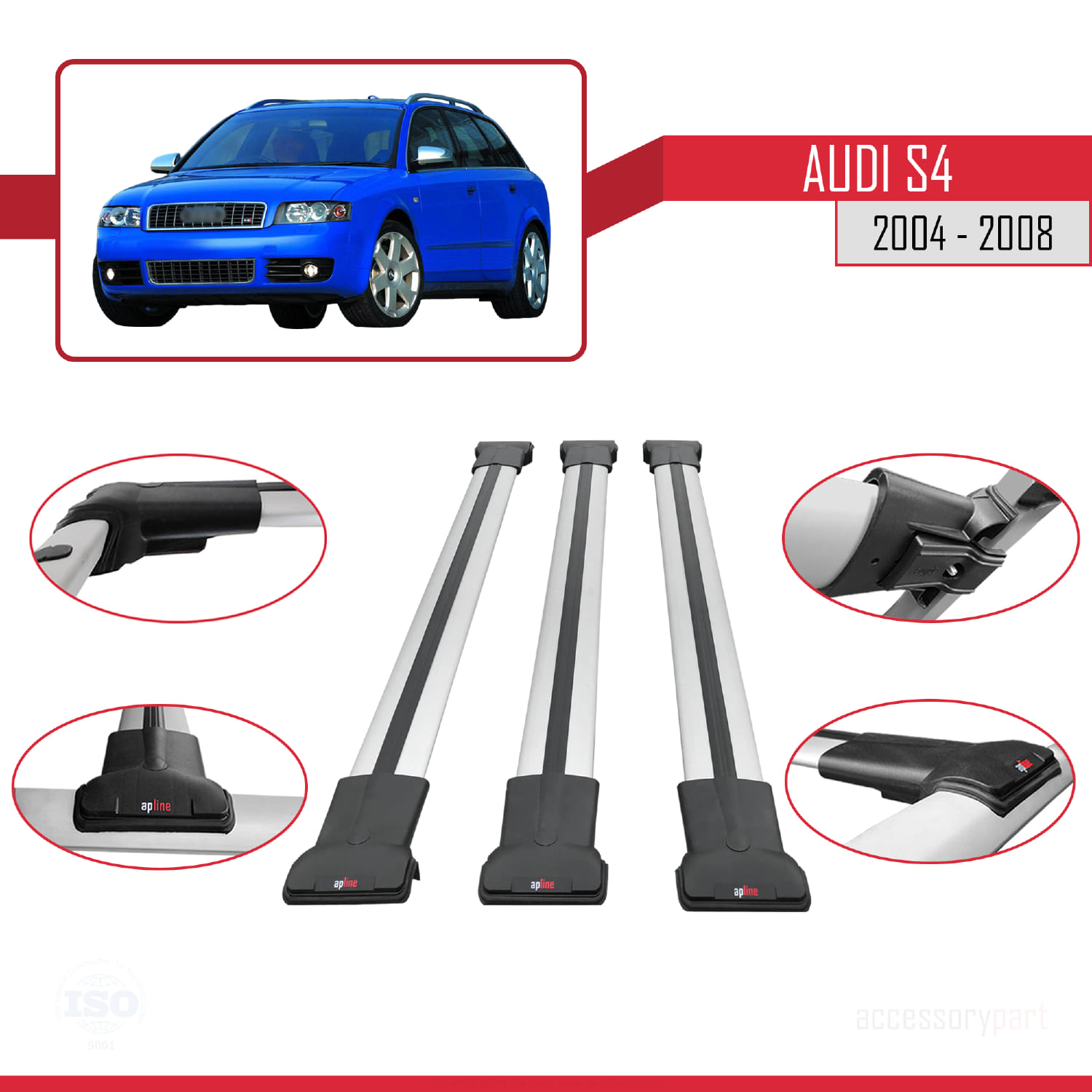 Audi S4 2004-2008 Arası ile Uyumlu FLY Model Ara Atkı Tavan Barı Gri 3 Adet - Görsel 4