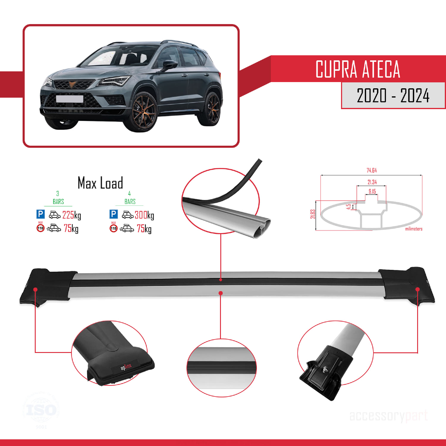 Cupra Ateca 2020-2024 Arası ile Uyumlu FLY Model Ara Atkı Tavan Barı Gri 3 Adet - Görsel 3