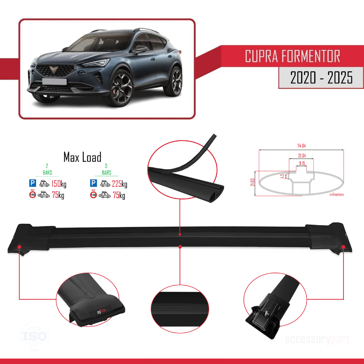 Cupra Formentor 2020 ve Sonrası ile Uyumlu FLY Model Ara Atkı Tavan Barı Siyah 2 Adet - Görsel 3