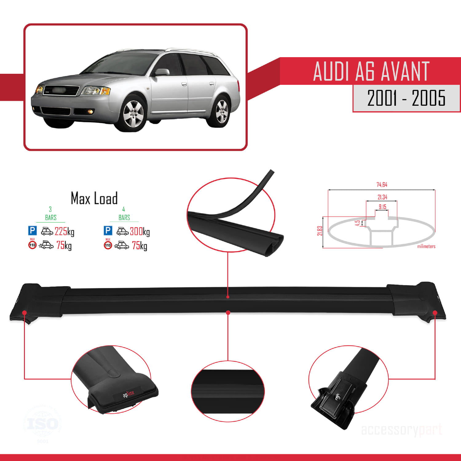 Audi A6 Avant 2001-2005 Arası ile Uyumlu FLY Model Ara Atkı Tavan Barı Siyah 3 Adet - Görsel 3