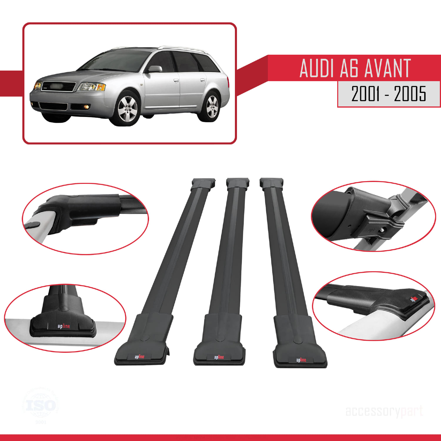 Audi A6 Avant 2001-2005 Arası ile Uyumlu FLY Model Ara Atkı Tavan Barı Siyah 3 Adet - Görsel 4