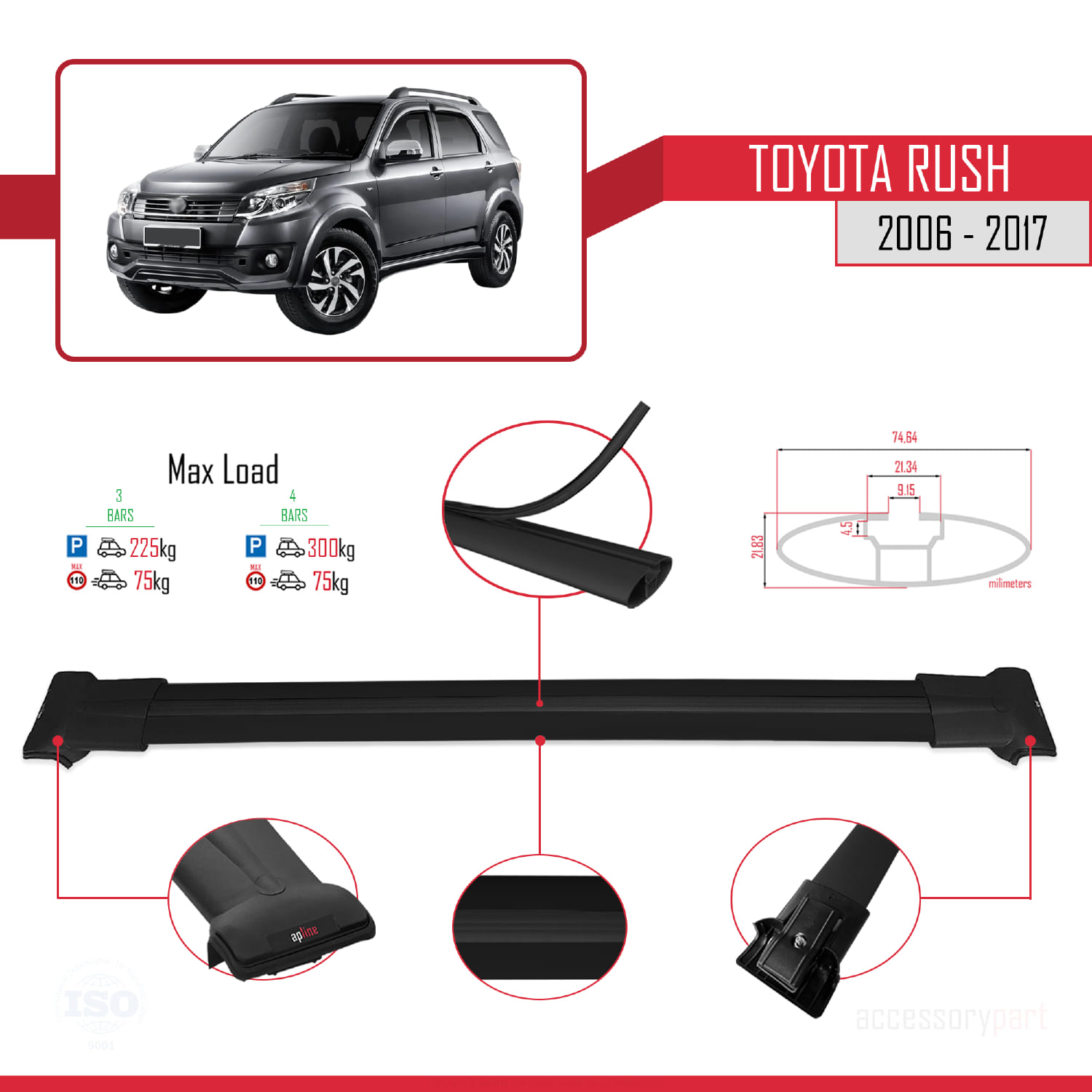 Toyota Rush 2006-2017 Arası ile Uyumlu FLY Model Ara Atkı Tavan Barı Siyah 3 Adet - Görsel 3