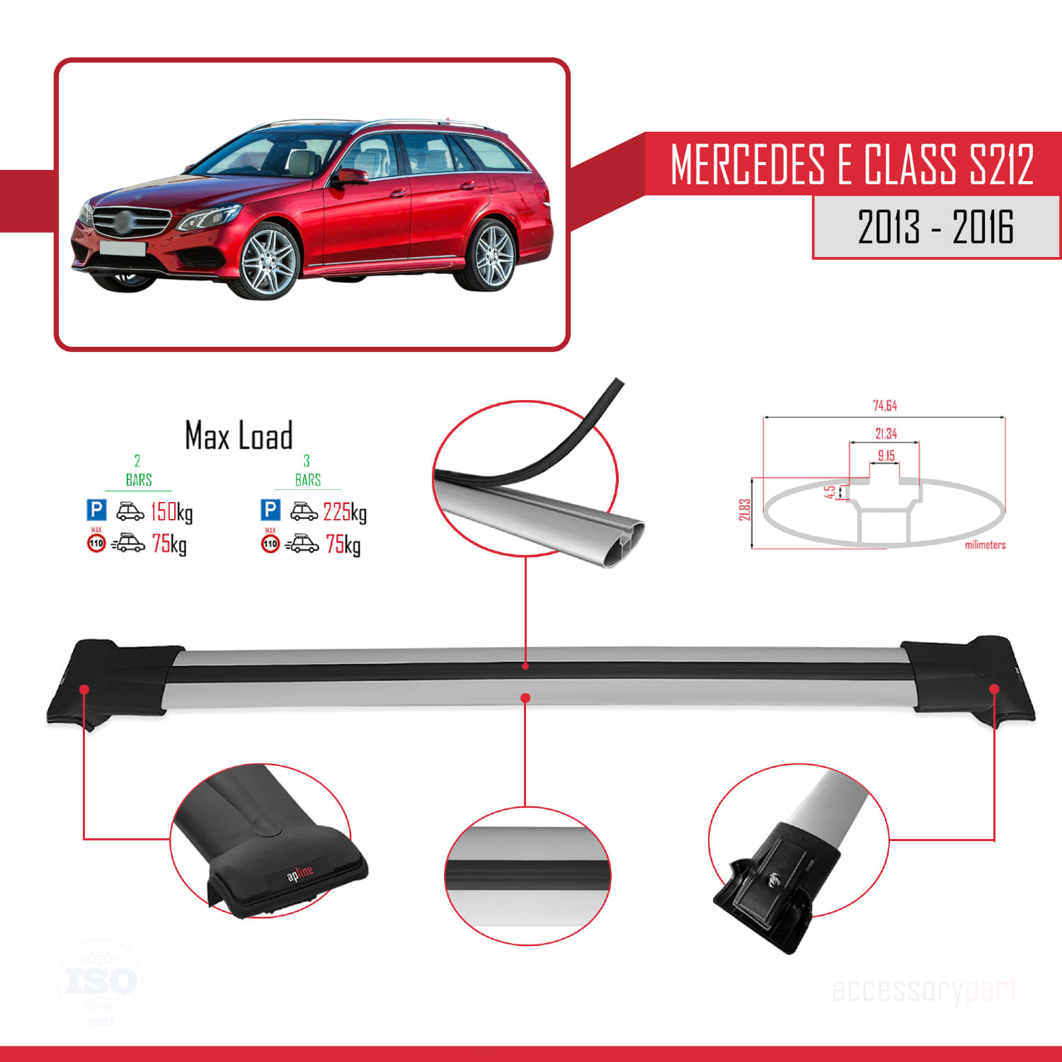 Mercedes E Class S212 2013-2016 Arası ile Uyumlu FLY Model Ara Atkı Tavan Barı Gri 2 Adet - Görsel 4