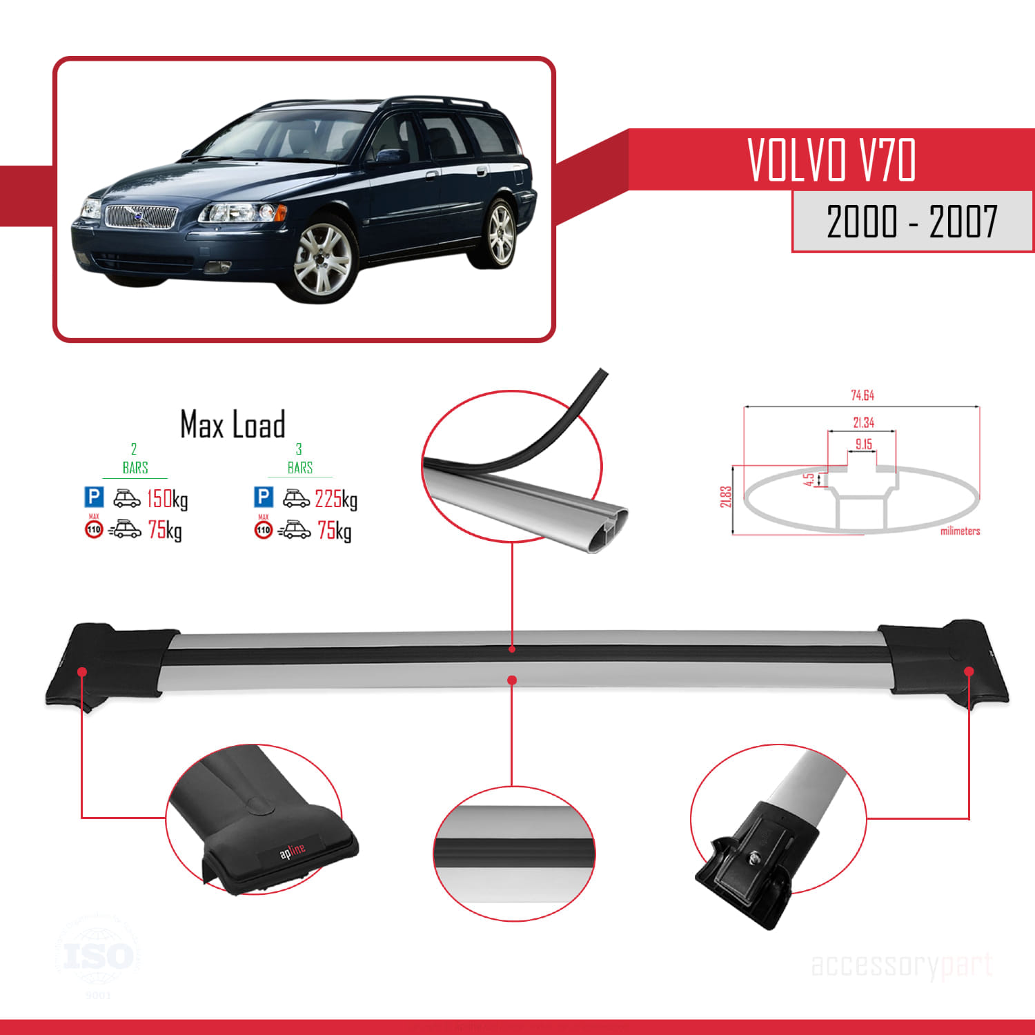 Volvo V70 2000-2007 Arası ile Uyumlu FLY Model Ara Atkı Tavan Barı Gri 2 Adet - Görsel 4