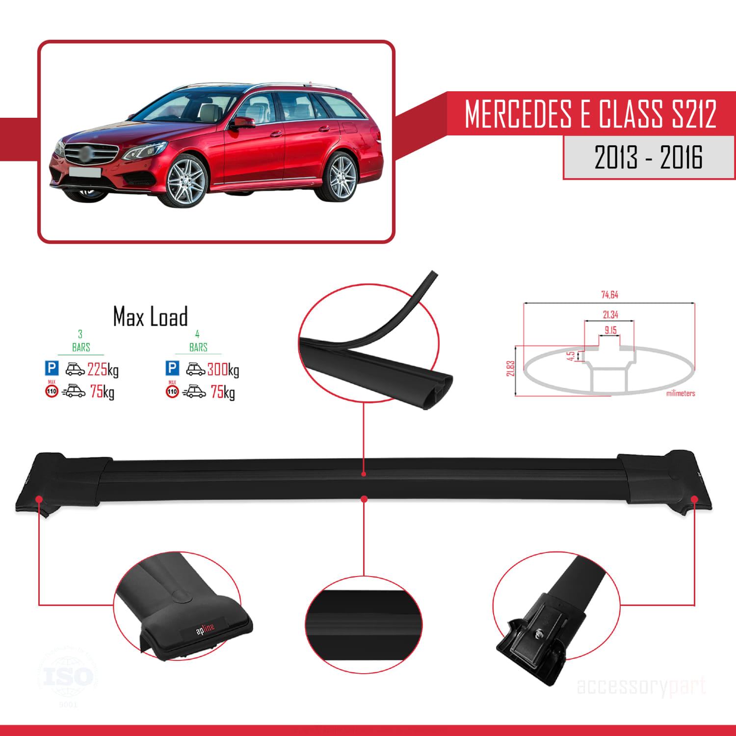 Mercedes E Class S212 2013-2016 Arası ile Uyumlu FLY Model Ara Atkı Tavan Barı Siyah 3 Adet - Görsel 3
