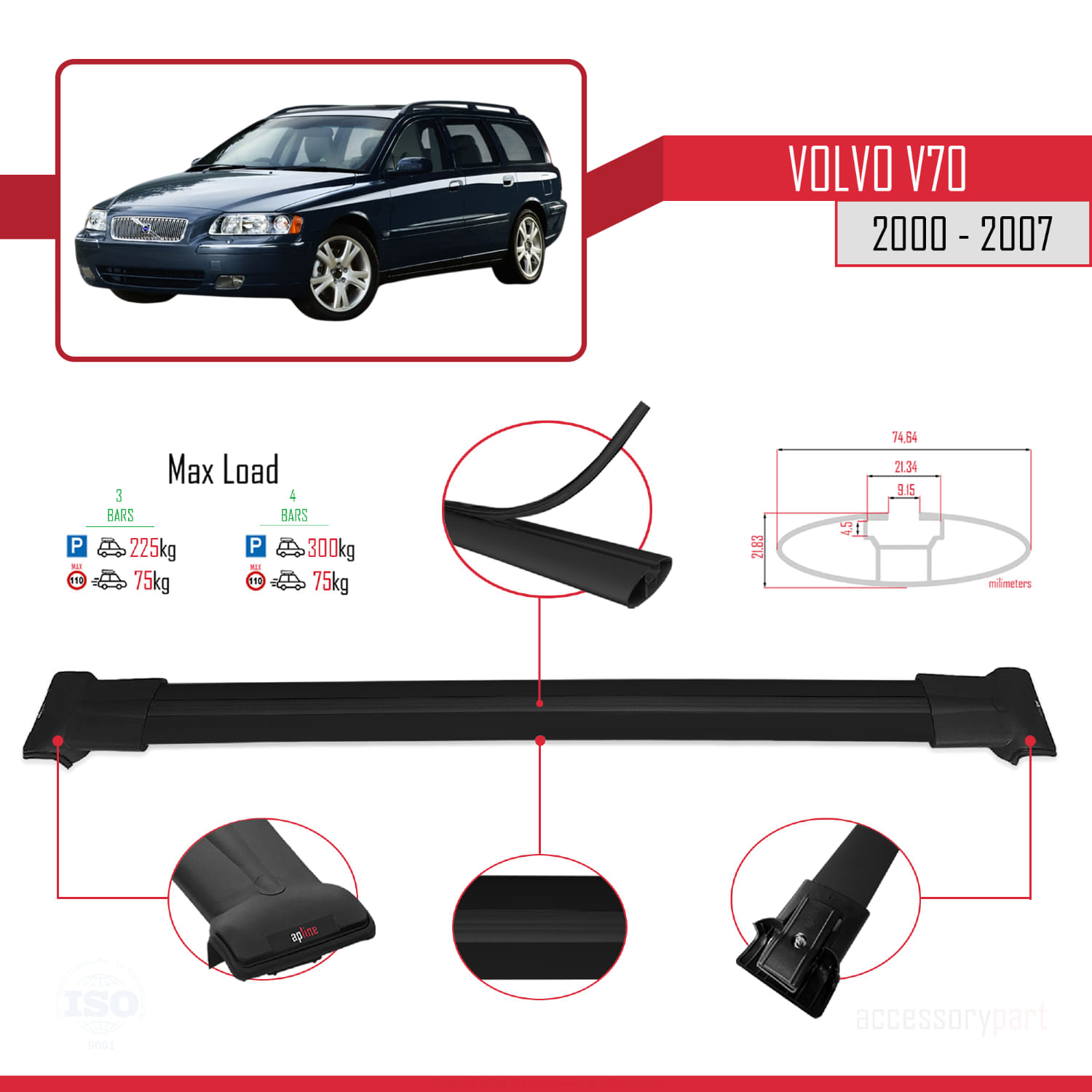 Volvo V70 2000-2007 Arası ile Uyumlu FLY Model Ara Atkı Tavan Barı Siyah 3 Adet - Görsel 3