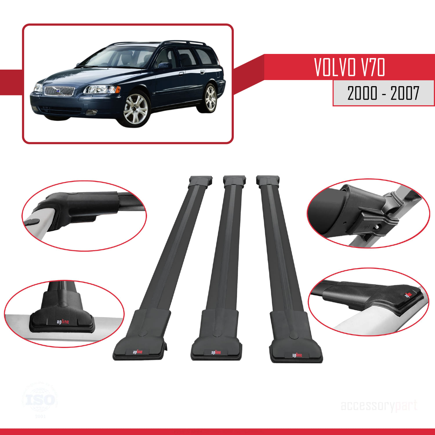 Volvo V70 2000-2007 Arası ile Uyumlu FLY Model Ara Atkı Tavan Barı Siyah 3 Adet - Görsel 4