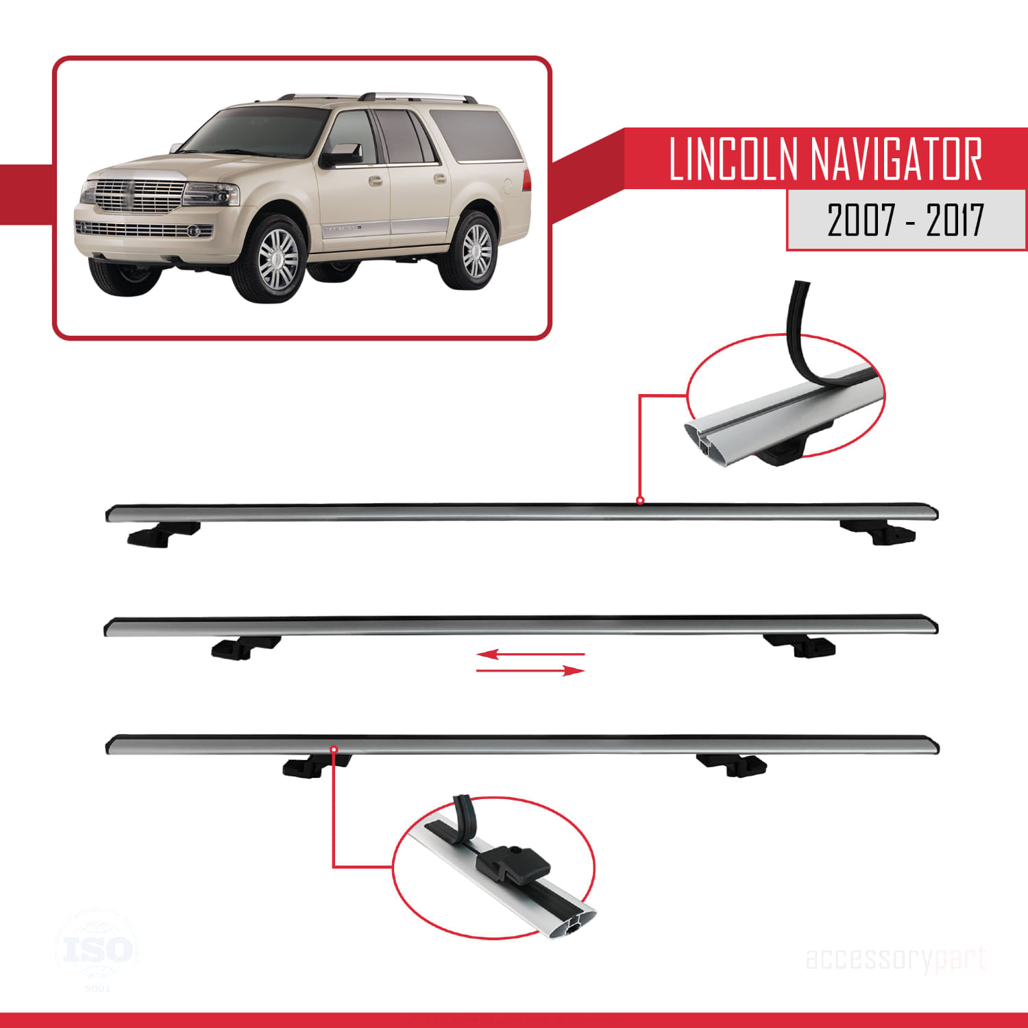 Lincoln Navigator 2007-2017 Arası ile Uyumlu BASIC Model Ara Atkı Tavan Barı Gri 3 Adet - Görsel 5