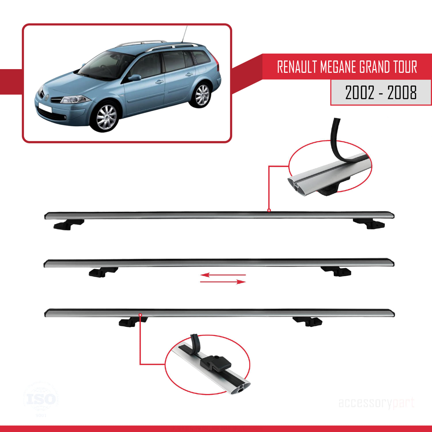 Renault Megane Grand Tour 2002-2008 Arası ile Uyumlu BASIC Model Ara Atkı Tavan Barı Gri 2 Adet - Görsel 5