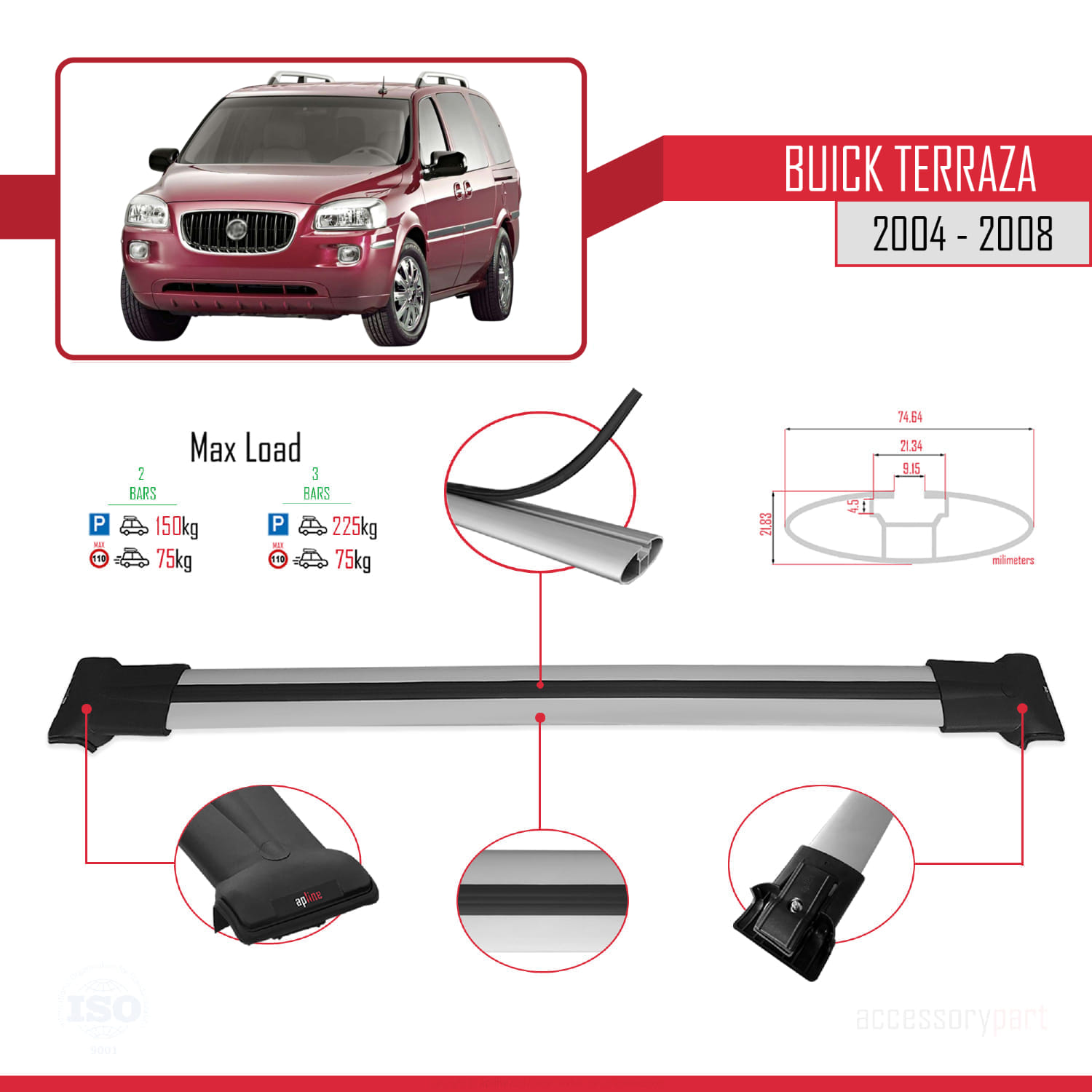 Buick Terraza CXL 2004-2008 Arası ile Uyumlu FLY Model Ara Atkı Tavan Barı Gri 2 Adet - Görsel 4