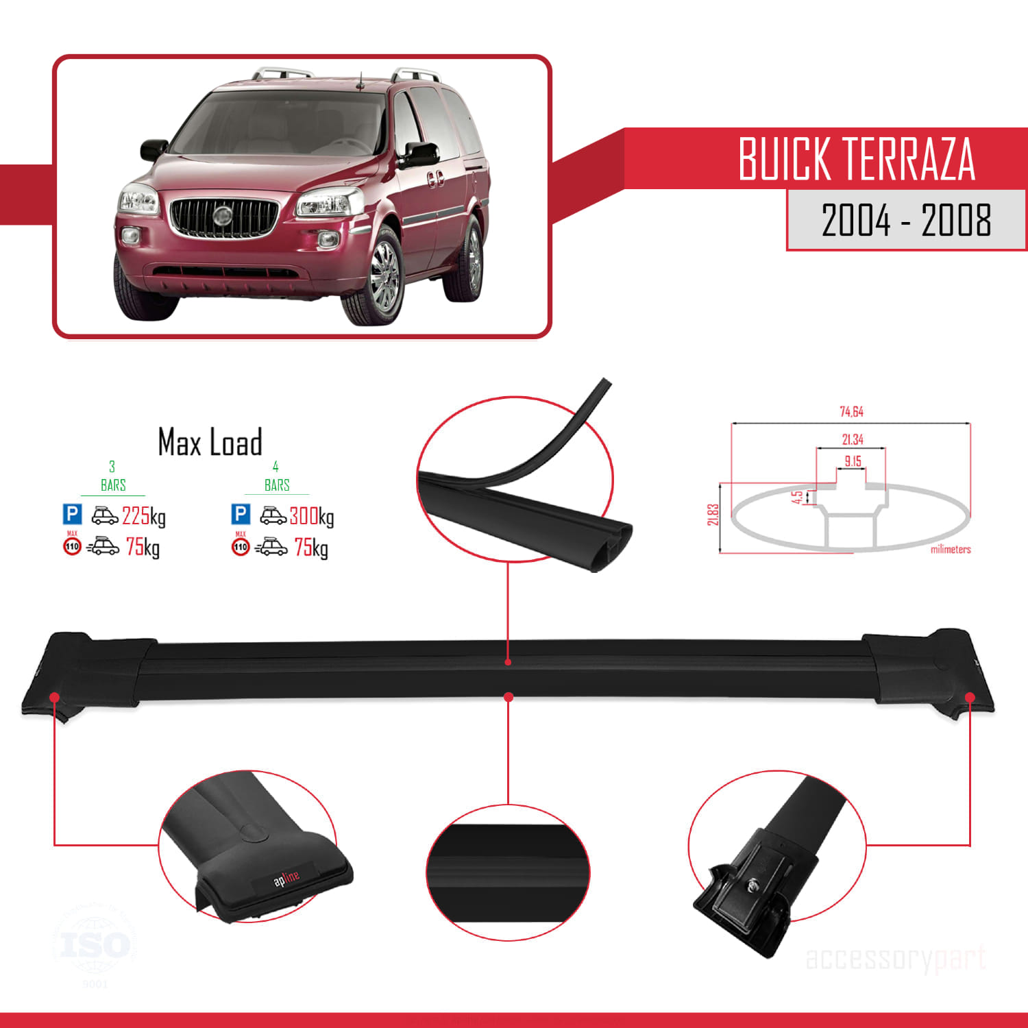 Buick Terraza CXL 2004-2008 Arası ile Uyumlu FLY Model Ara Atkı Tavan Barı Siyah 3 Adet - Görsel 3