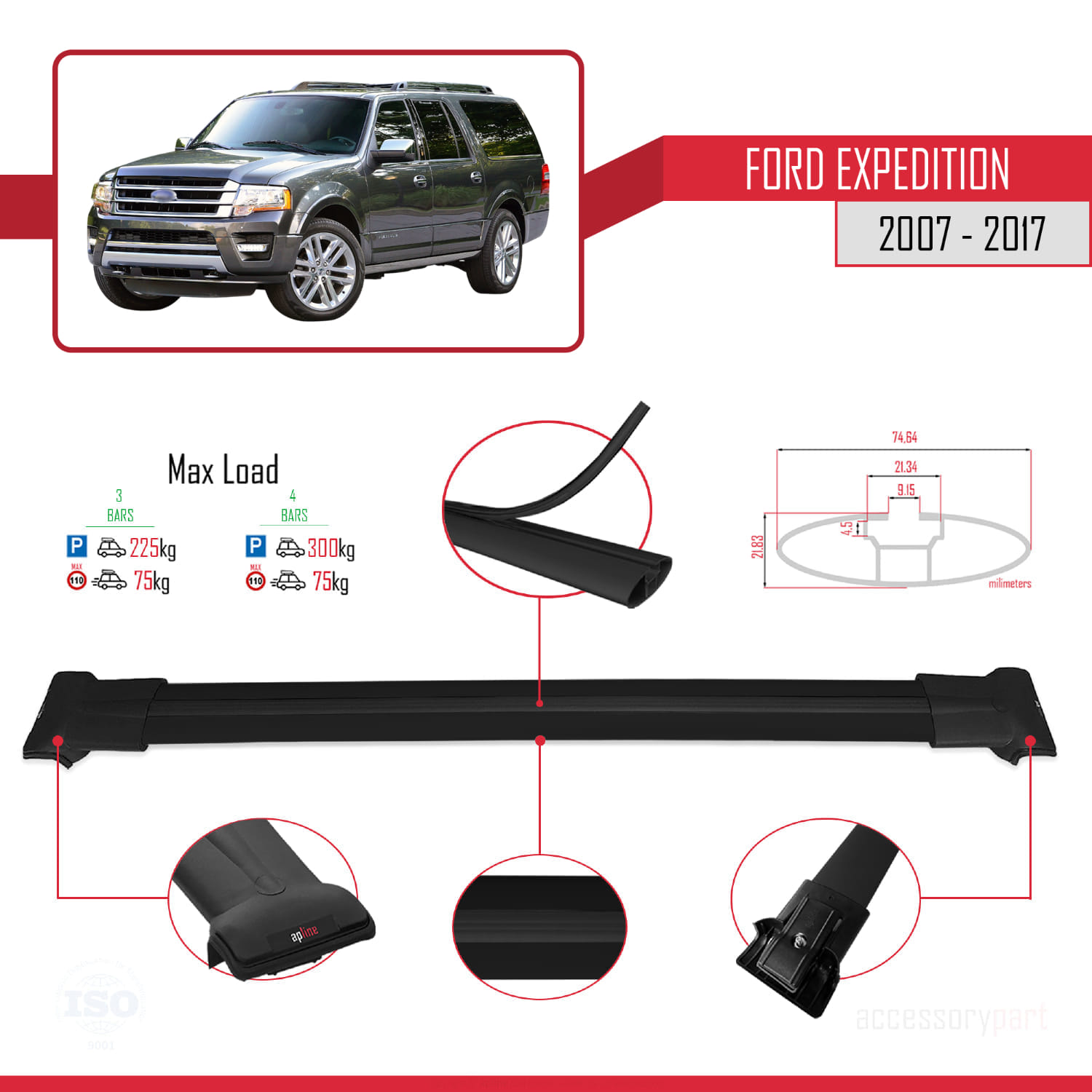 Ford Expedition 2007-2017 Arası ile Uyumlu FLY Model Ara Atkı Tavan Barı Siyah 3 Adet - Görsel 3
