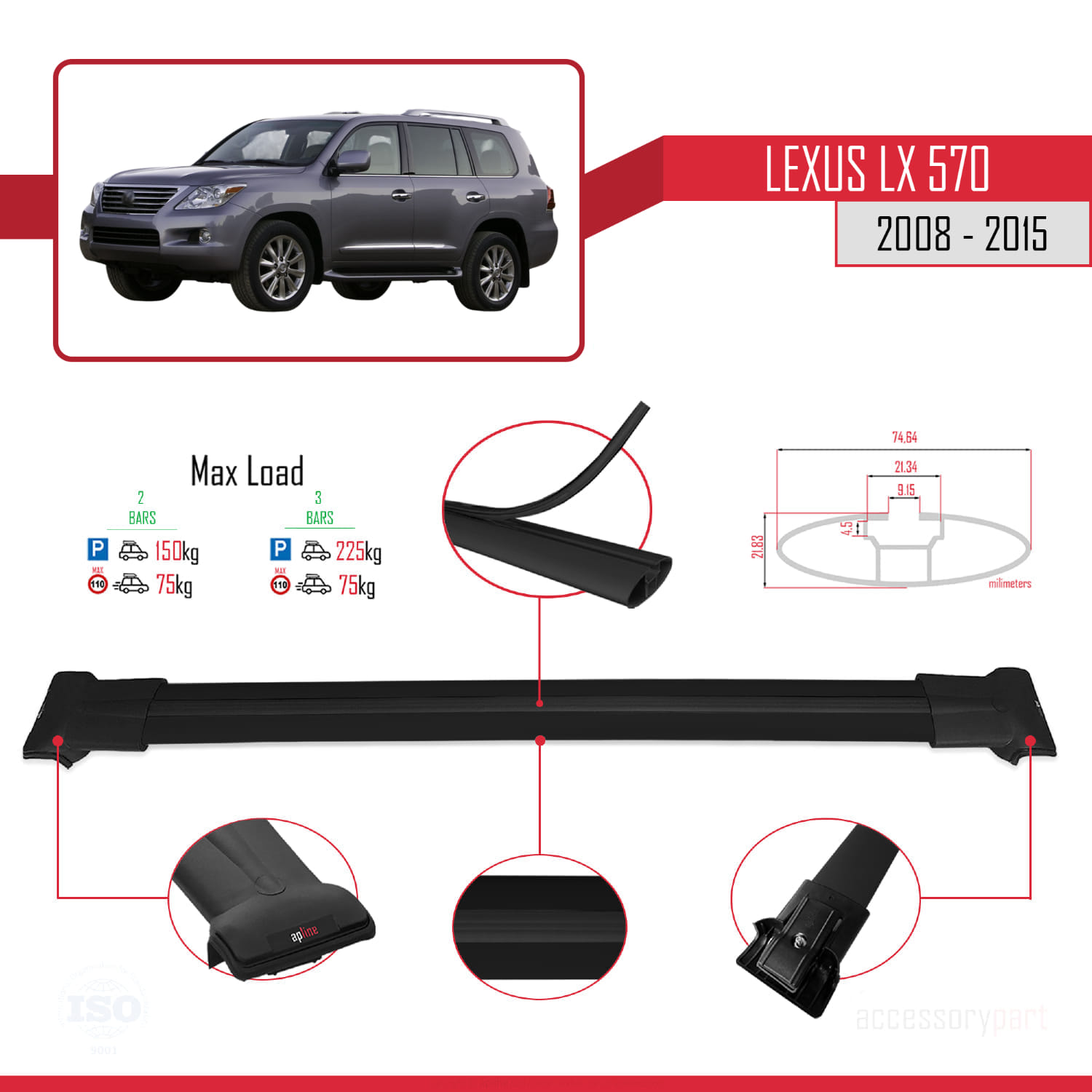 Lexus LX 570 2008-2015 Arası ile Uyumlu FLY Model Ara Atkı Tavan Barı Siyah 2 Adet - Görsel 4