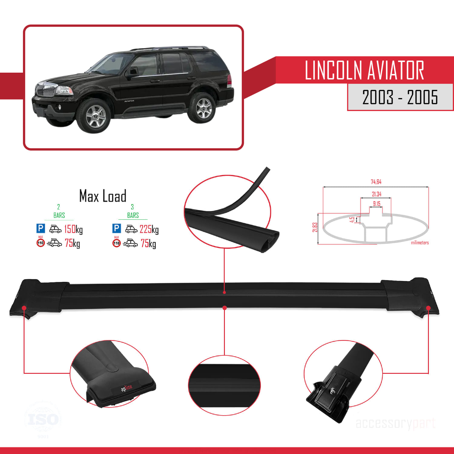 Lincoln Aviator 2003-2005 Arası ile Uyumlu FLY Model Ara Atkı Tavan Barı Siyah 2 Adet - Görsel 4