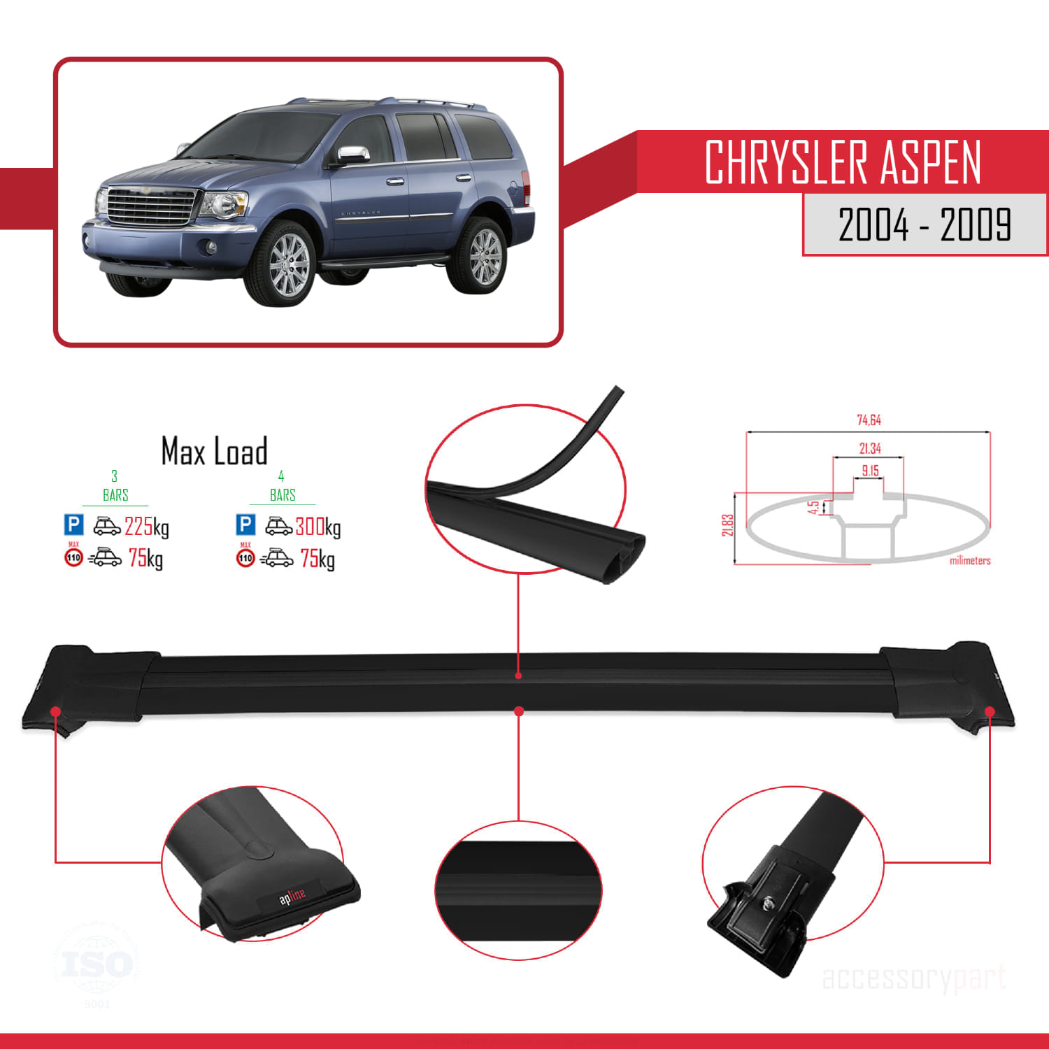 Chrysler Aspen 2004-2009 Arası ile Uyumlu FLY Model Ara Atkı Tavan Barı Siyah 3 Adet - Görsel 3