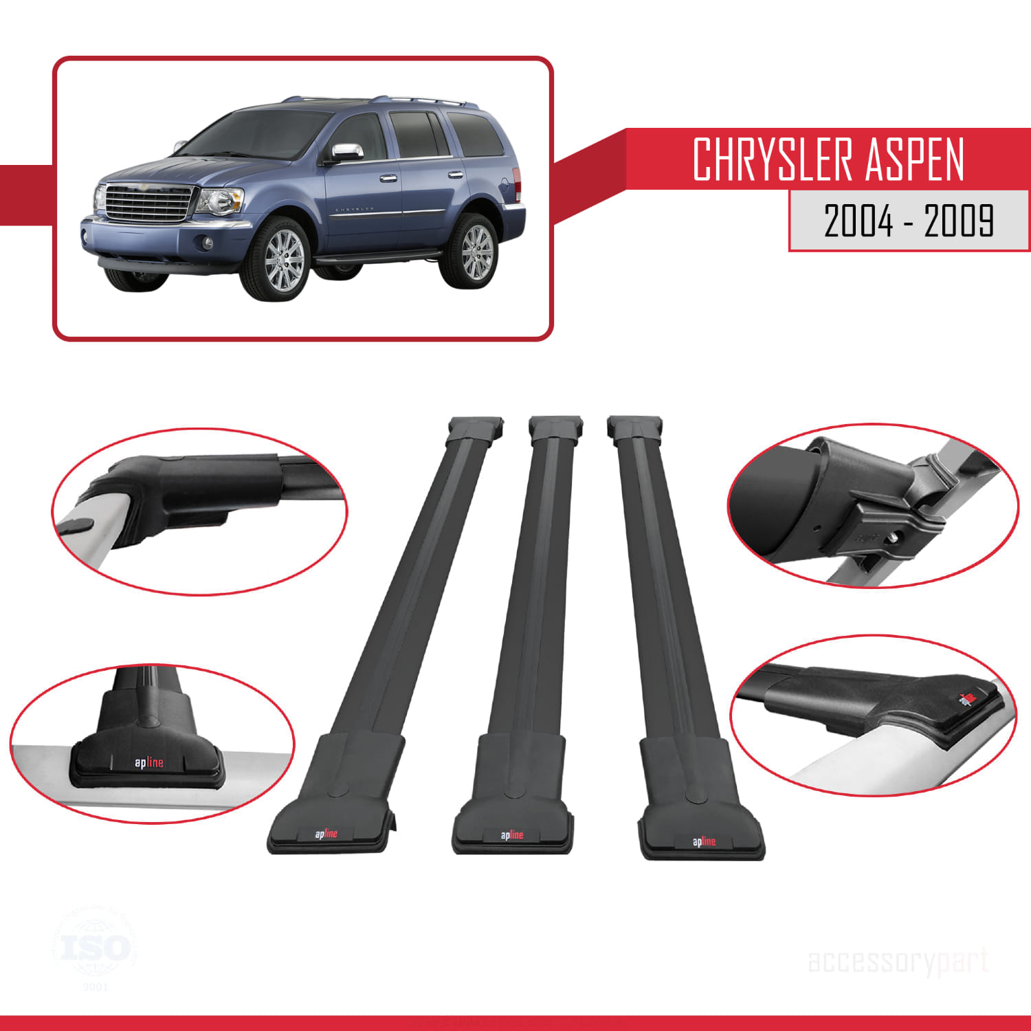 Chrysler Aspen 2004-2009 Arası ile Uyumlu FLY Model Ara Atkı Tavan Barı Siyah 3 Adet - Görsel 4