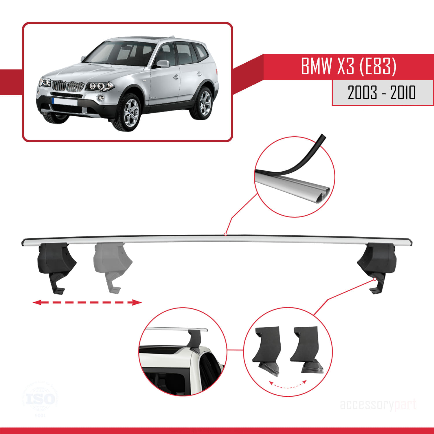 BMW X3 (E83) 2003-2010 Arası ile Uyumlu ACE-4 Ara Atkı Tavan Barı Gri 2 Adet - Görsel 3