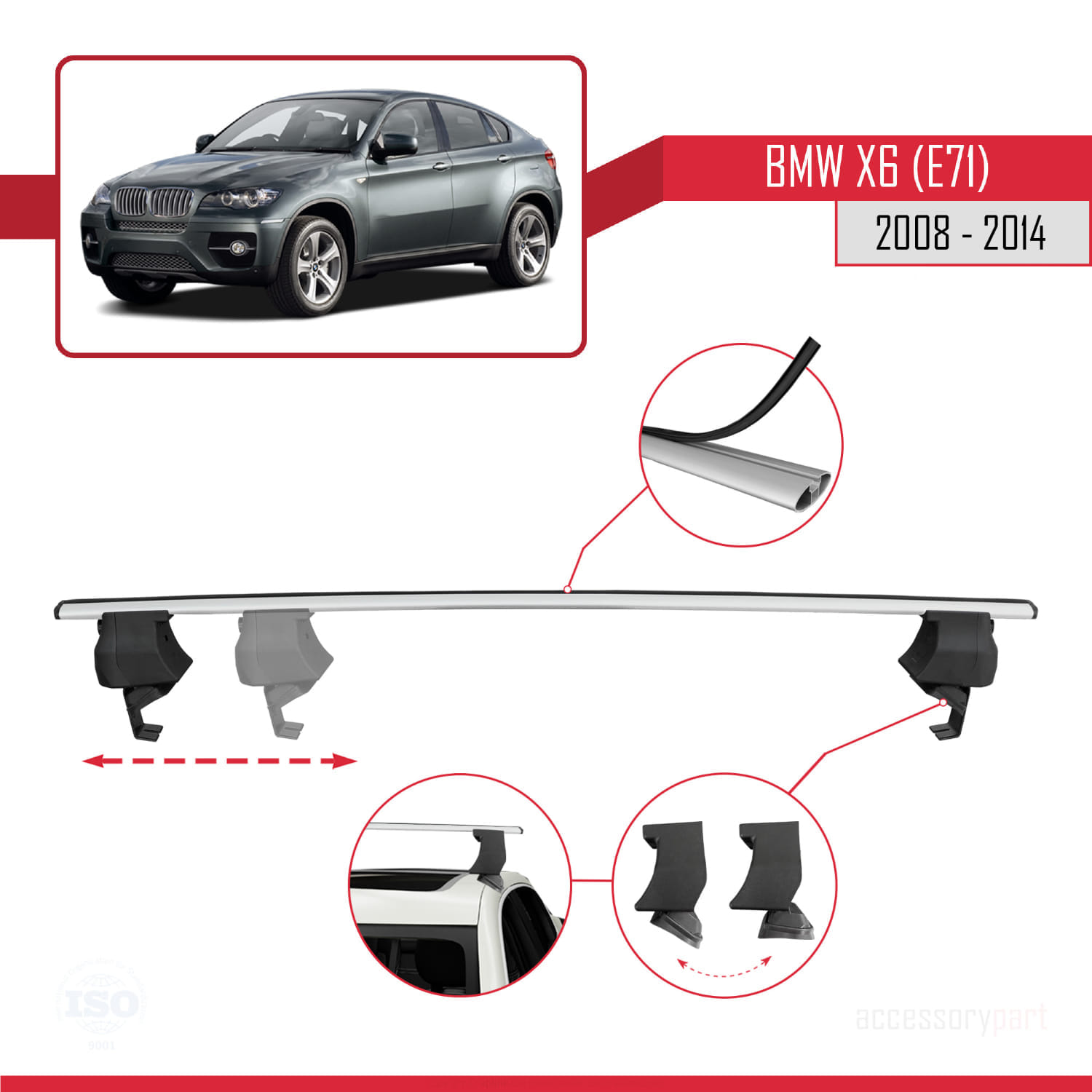 BMW X6 (E71) 2008-2014 Arası ile Uyumlu ACE-4 Ara Atkı Tavan Barı Gri 2 Adet - Görsel 3