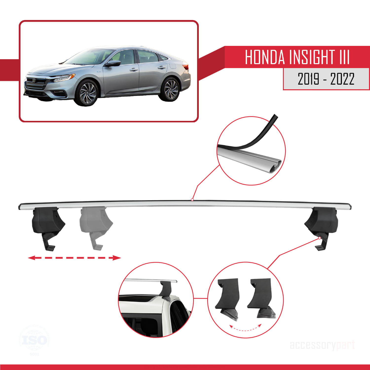 Honda Insight 3 (ZE4) 2019-2022 Arası ile Uyumlu ACE-4 Ara Atkı Tavan Barı Gri 2 Adet - Görsel 3
