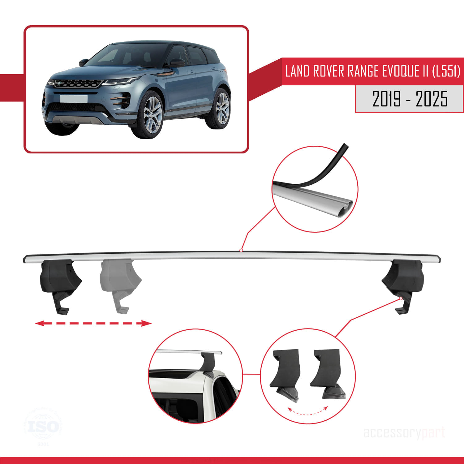 Land Rover Range Rover Evoque 2 (L551) 2019 ve Sonrası ile Uyumlu ACE-4 Ara Atkı Tavan Barı Gri 2 Adet - Görsel 3