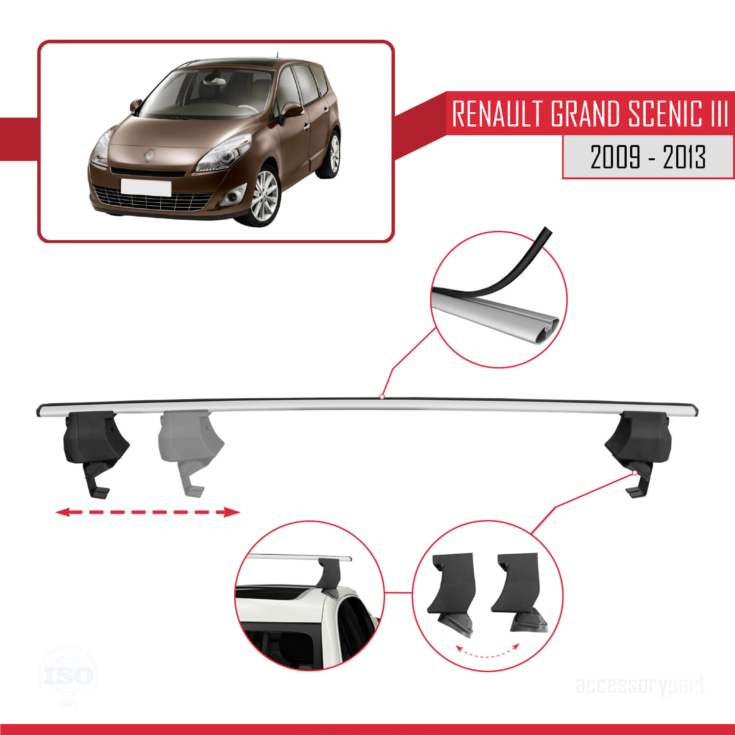 Renault Grand Scenic 3 Pre-Facelift 2009-2013 Arası ile Uyumlu ACE-4 Ara Atkı Tavan Barı Gri 2 Adet - Görsel 3