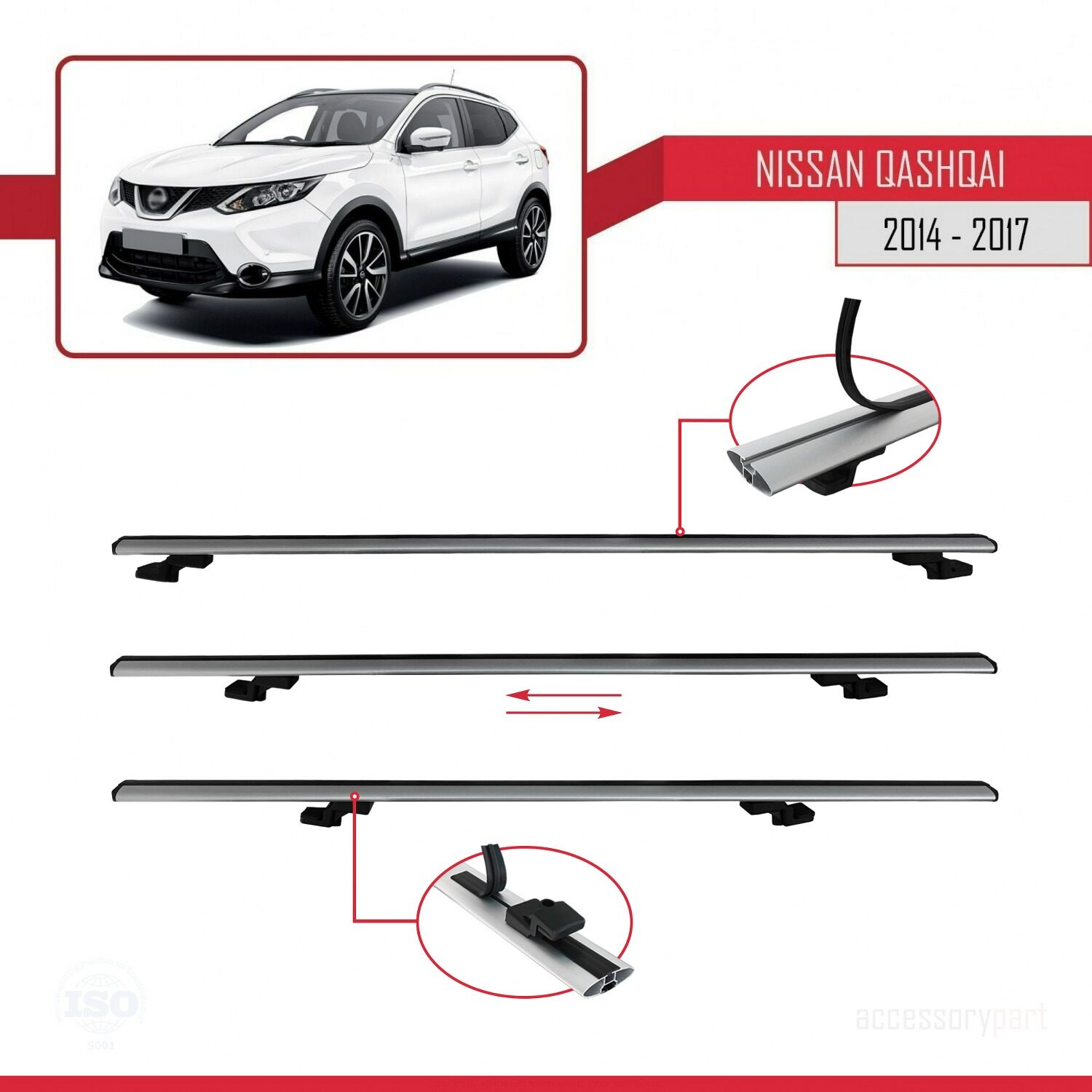 Nissan Qashqai 2 (J11) Pre-Facelift 2014-2017 Arası ile Uyumlu BASIC Model Ara Atkı Tavan Barı Gri 2 Adet - Görsel 5