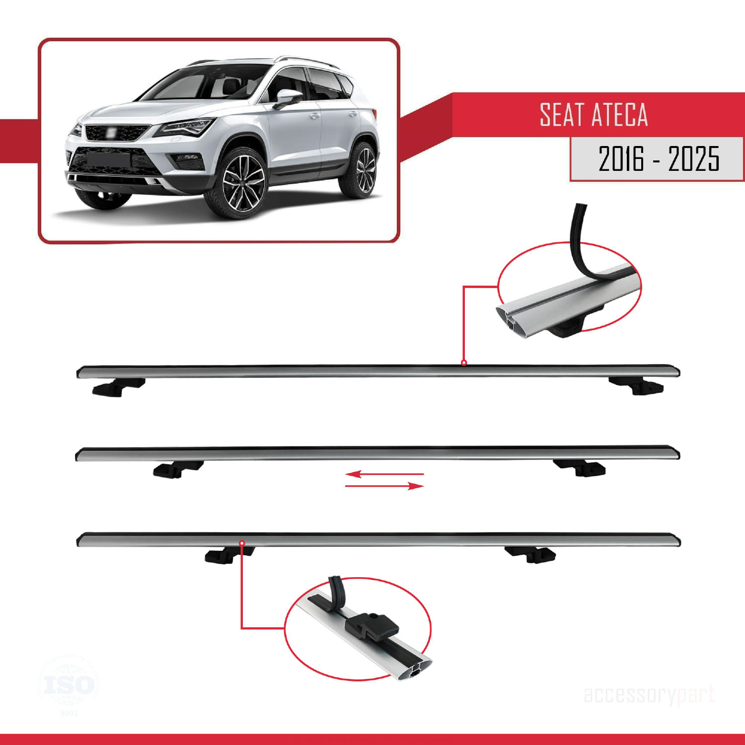 Seat Ateca (KH7) 2016 ve Sonrası ile Uyumlu BASIC Model Ara Atkı Tavan Barı Gri 2 Adet - Görsel 5