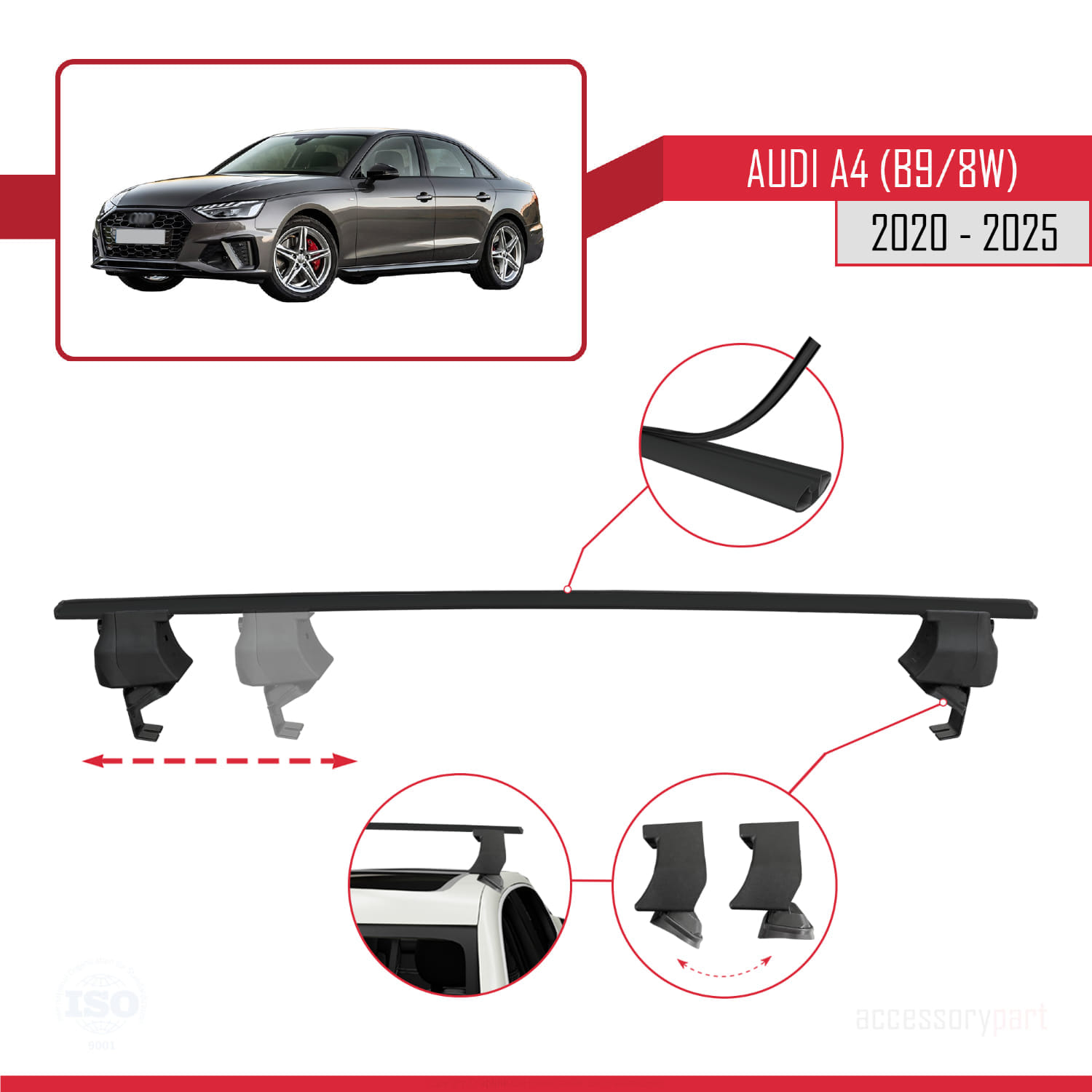 A4 (B9) Post-Facelift 2020 ve Sonrası ile Uyumlu ACE-4 Ara Atkı Tavan Barı Siyah 2 Adet - Görsel 3