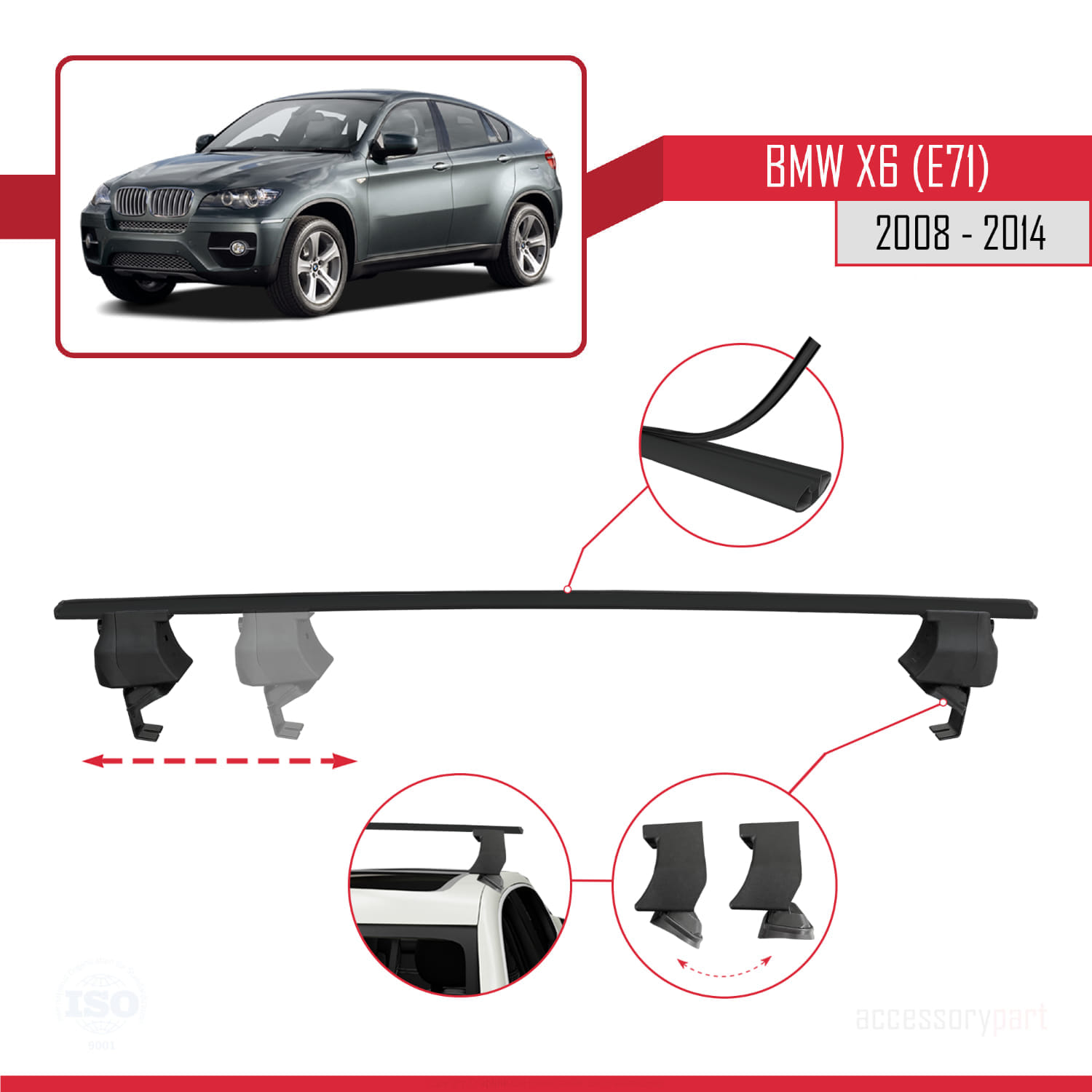 BMW X6 (E71) 2008-2014 Arası ile Uyumlu ACE-4 Ara Atkı Tavan Barı Siyah 2 Adet - Görsel 3