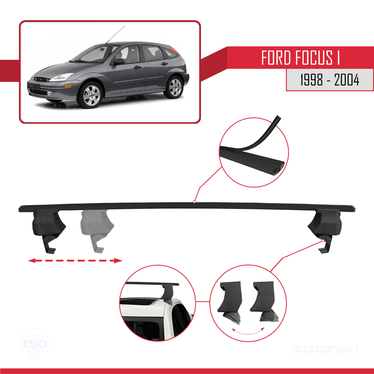 Ford Focus (C170) 1998-2004 Arası ile Uyumlu ACE-4 Ara Atkı Tavan Barı Siyah 2 Adet - Görsel 3